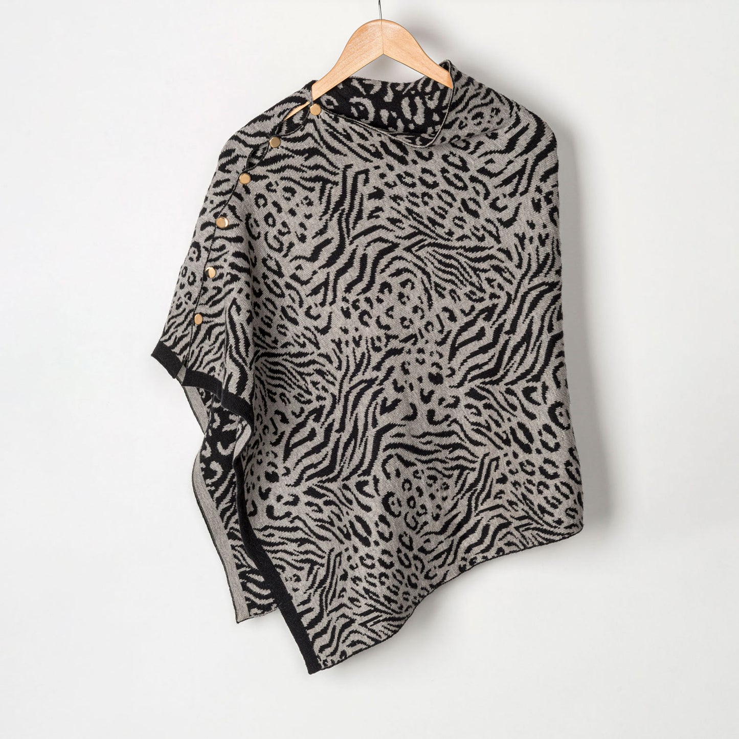 Animal Print Reversible Poncho with Gold Button Accents