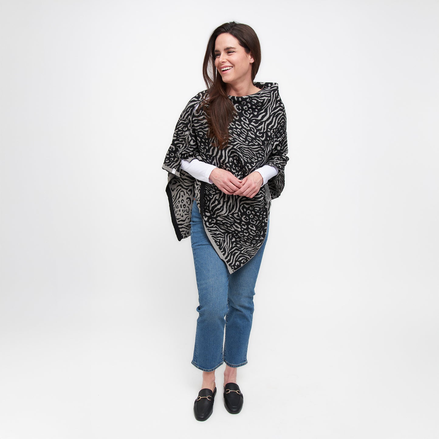 Animal Print Reversible Poncho with Gold Button Accents