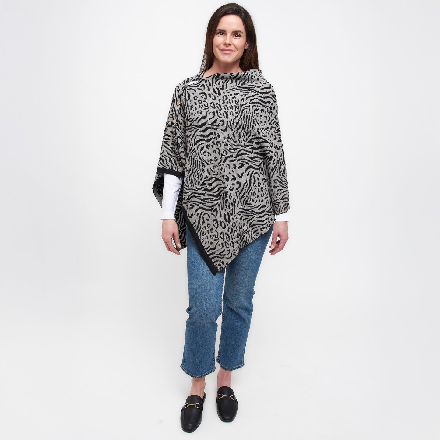 Animal Print Reversible Poncho with Gold Button Accents