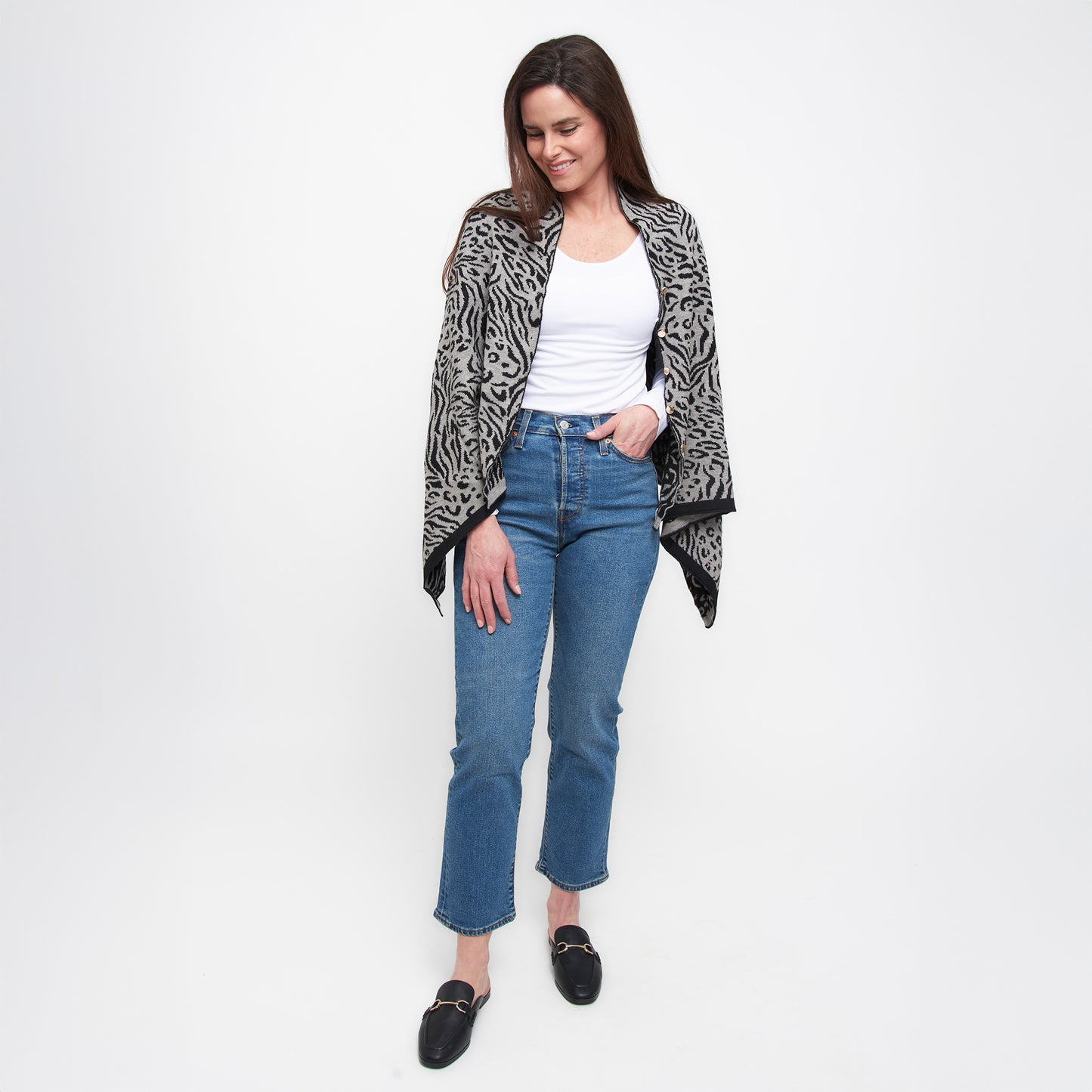 Animal Print Reversible Poncho with Gold Button Accents