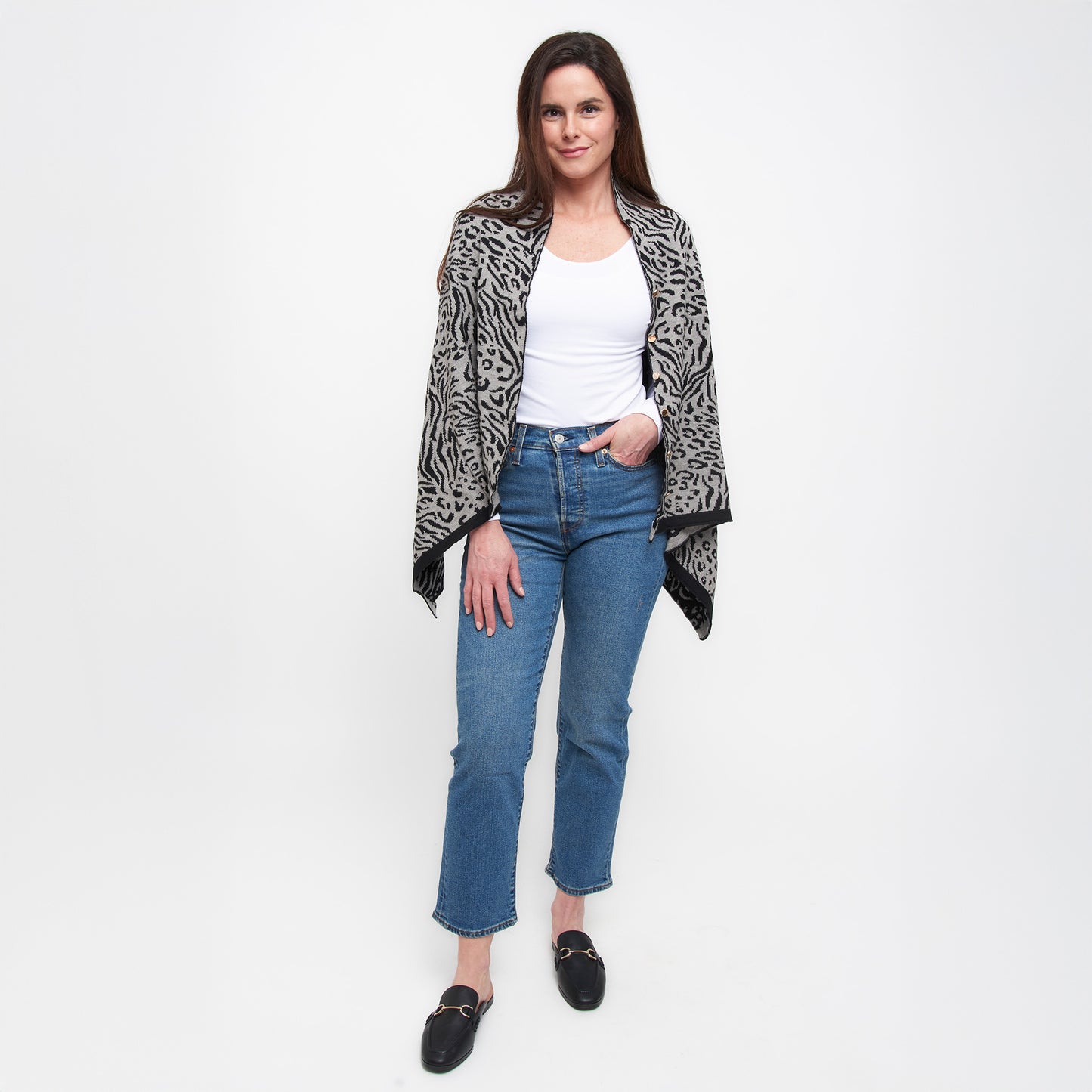 Animal Print Reversible Poncho with Gold Button Accents