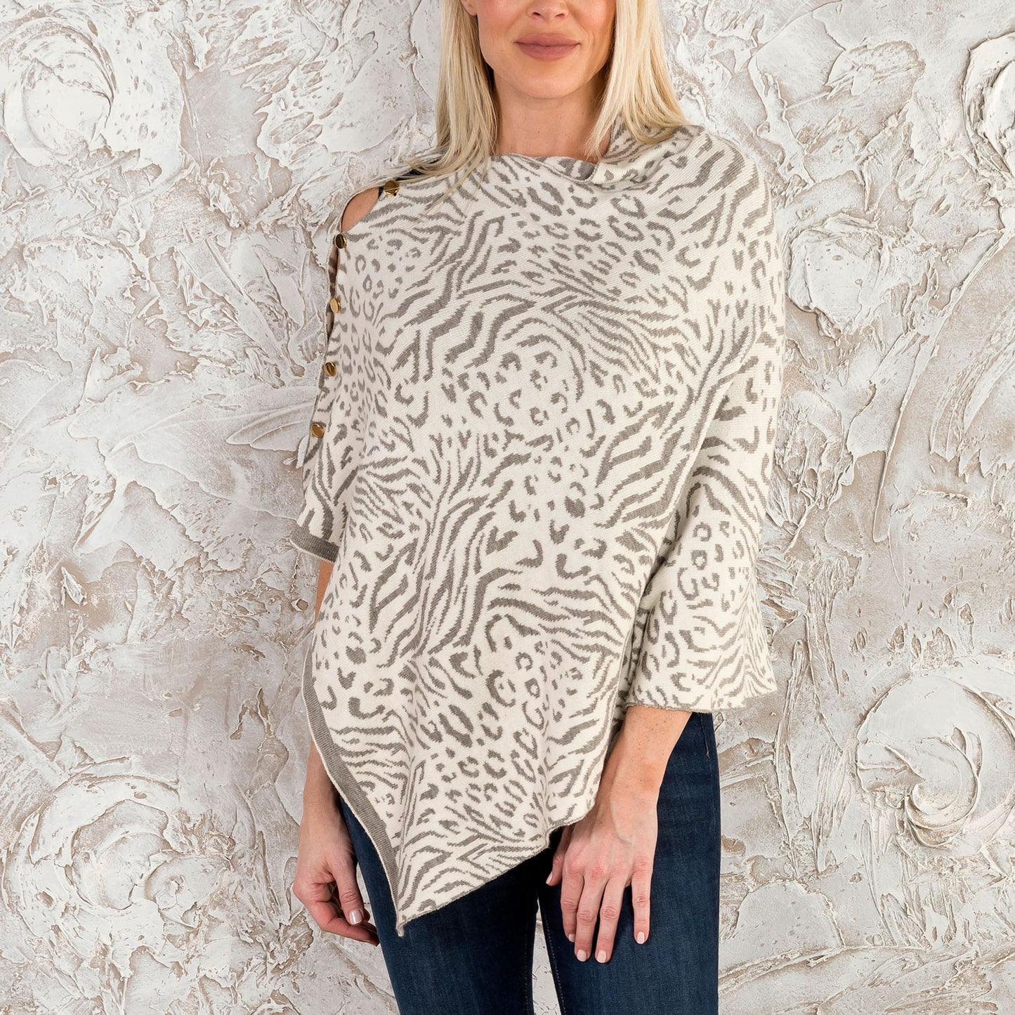 Animal Print Reversible Poncho with Gold Button Accents