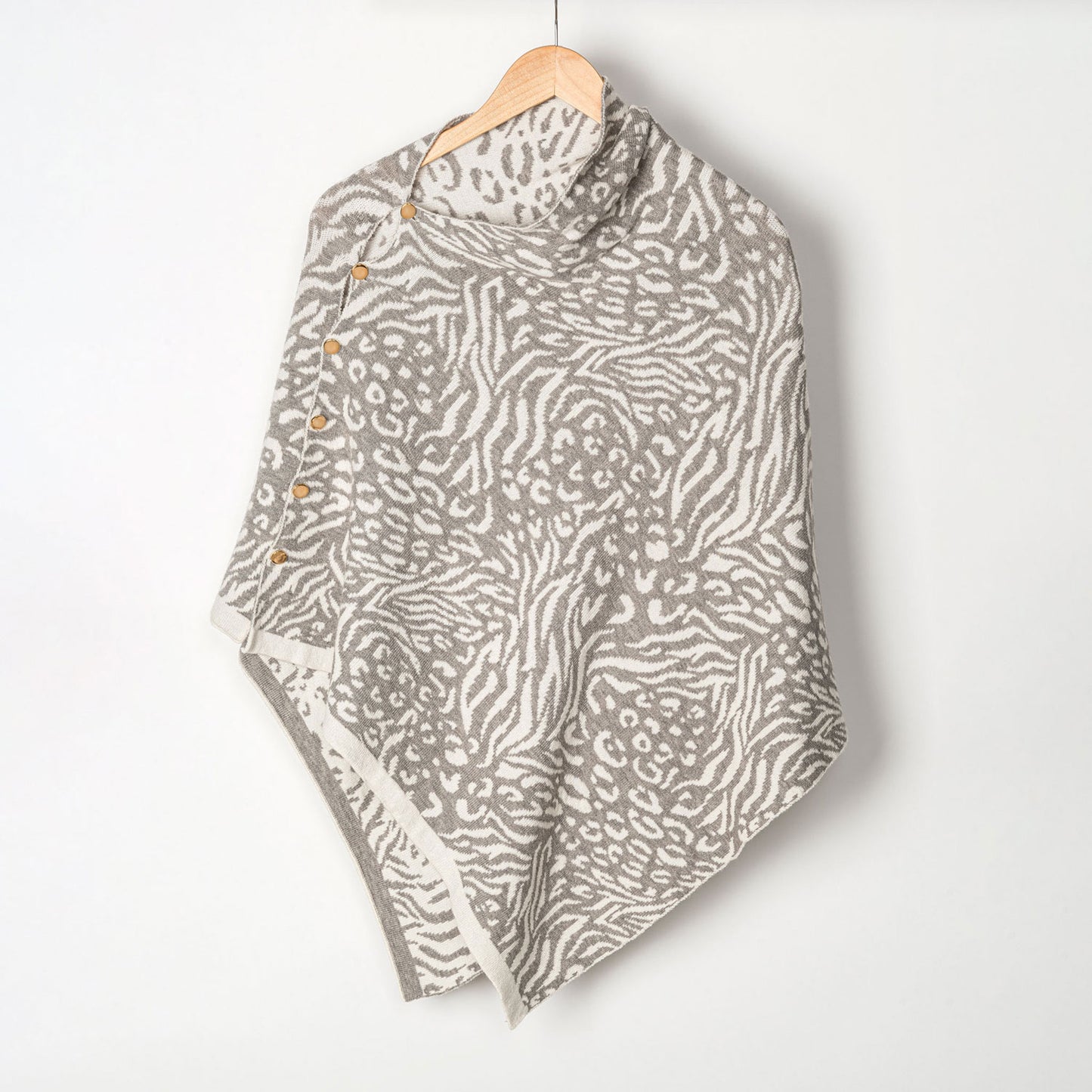 Animal Print Reversible Poncho with Gold Button Accents