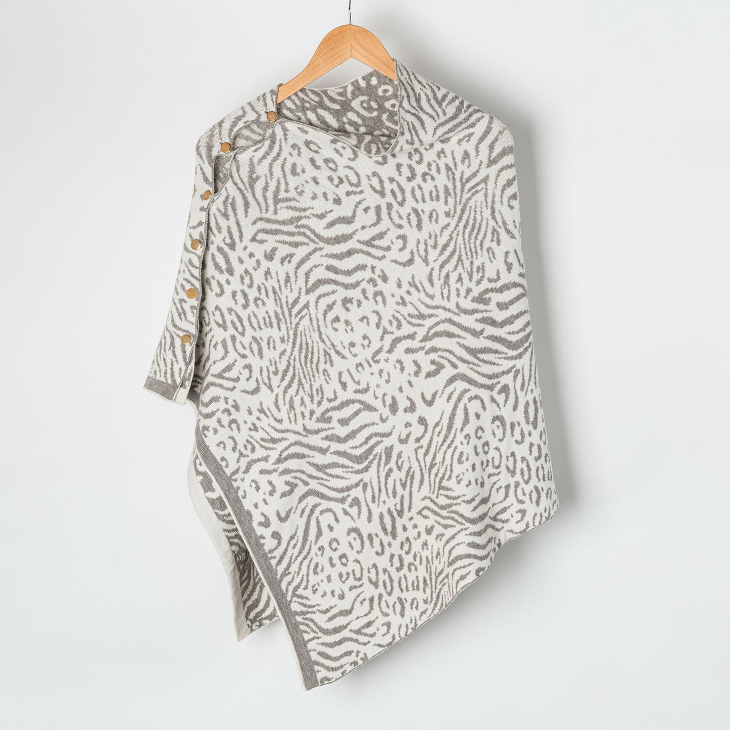 Animal Print Reversible Poncho with Gold Button Accents