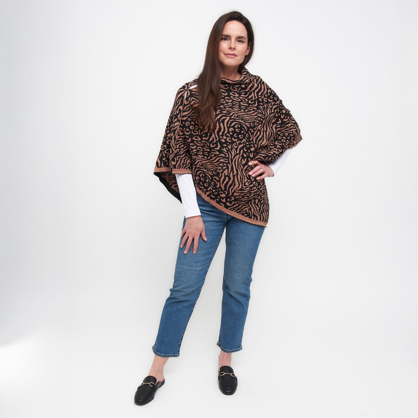 Animal Print Reversible Poncho with Gold Button Accents