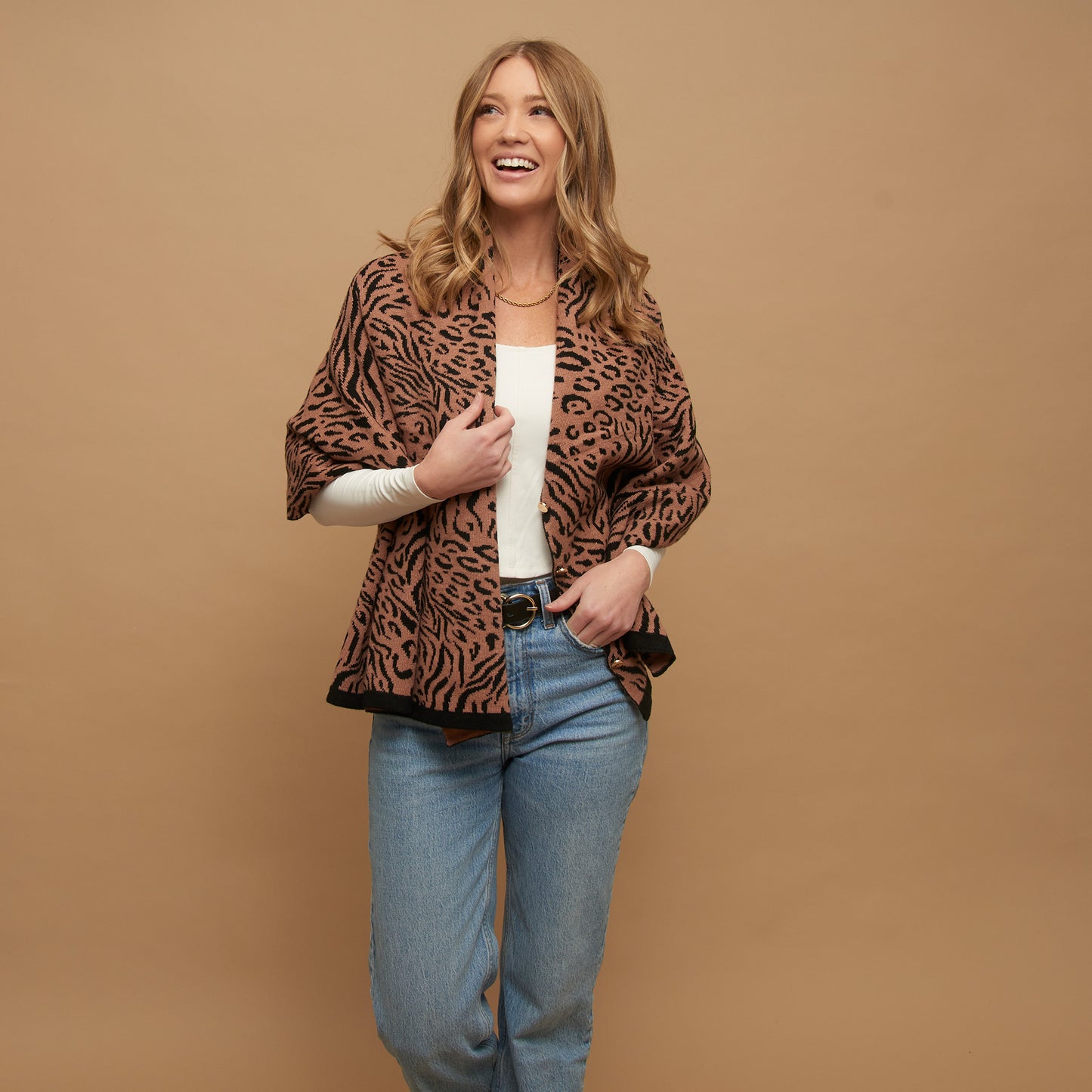 Animal Print Reversible Poncho with Gold Button Accents