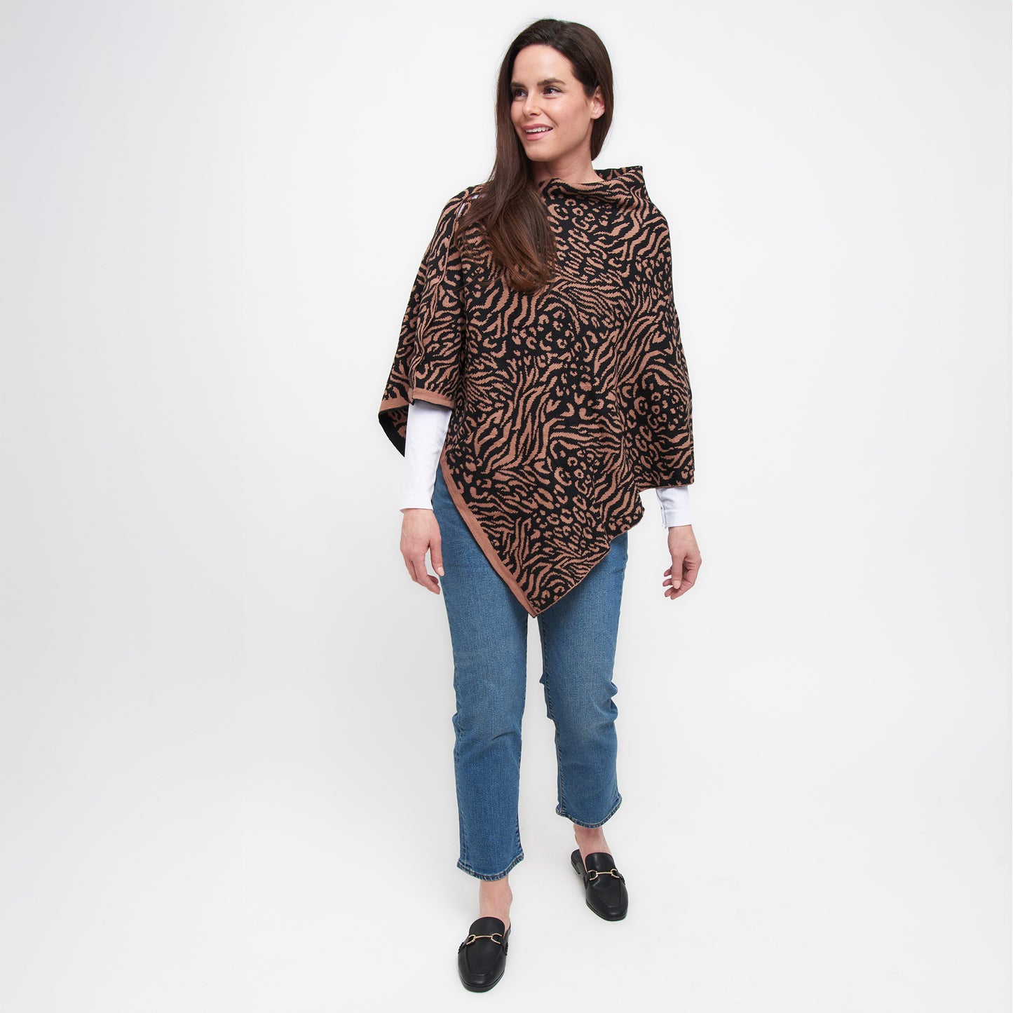 Animal Print Reversible Poncho with Gold Button Accents