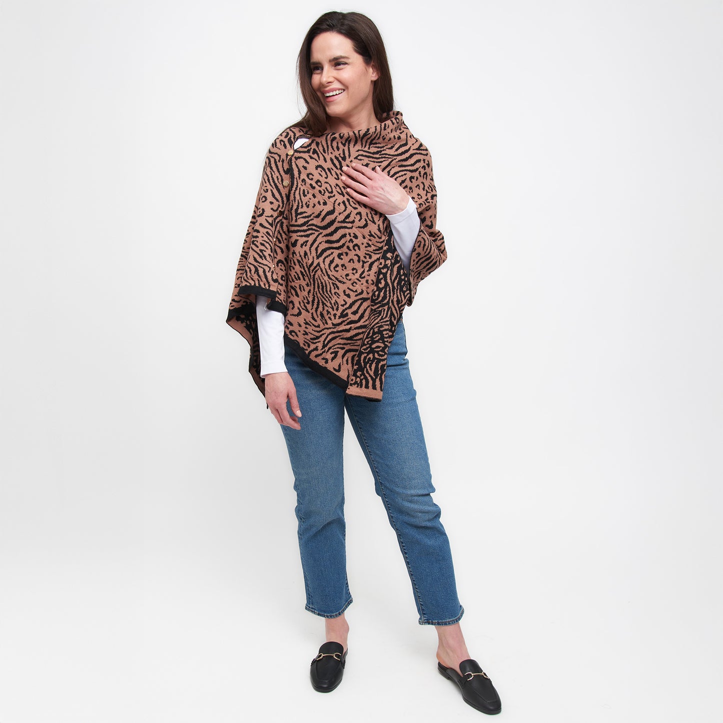 Animal Print Reversible Poncho with Gold Button Accents