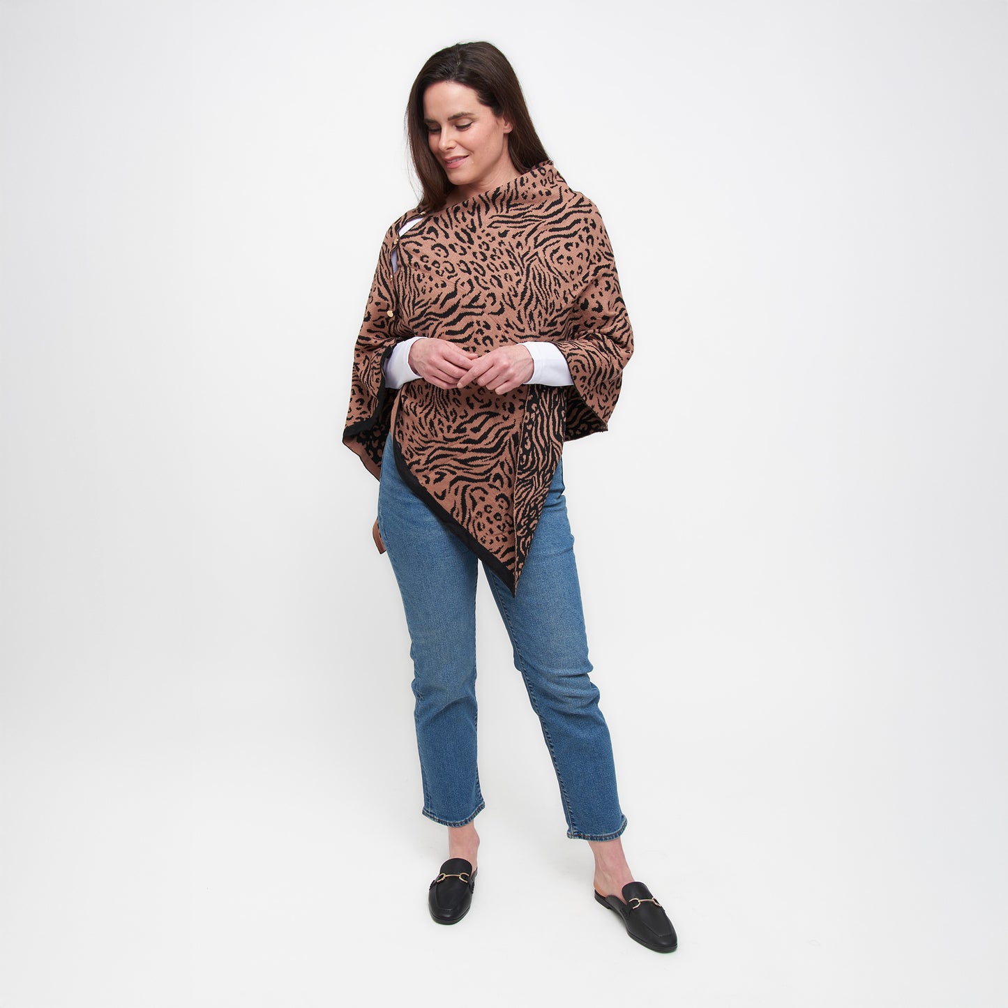 Animal Print Reversible Poncho with Gold Button Accents
