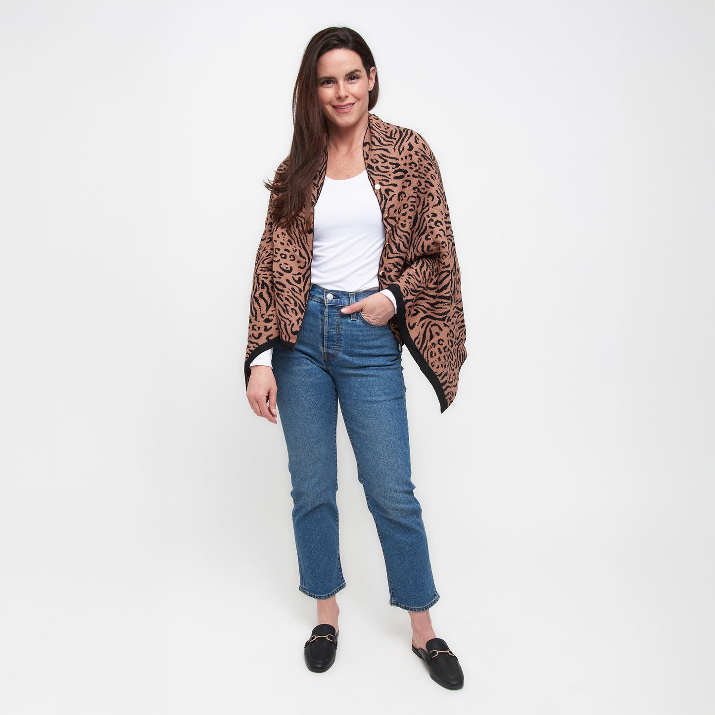 Animal Print Reversible Poncho with Gold Button Accents
