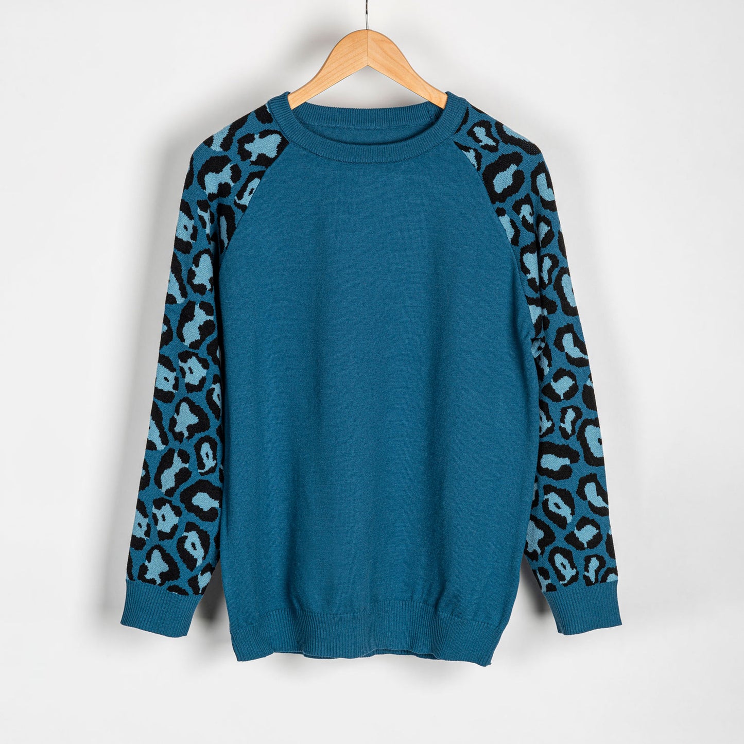 Contrast Animal Print Soft Knit Long Sleeve Sweater
