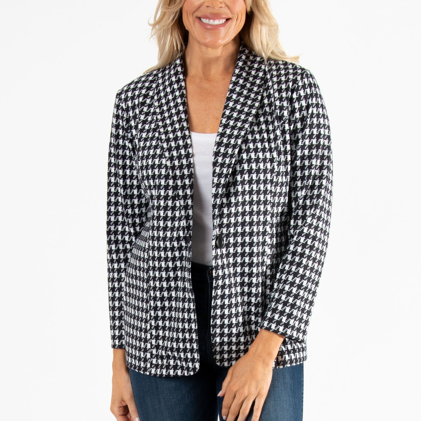 Nadia Long Sleeve Houndstooth Stretch Blazer