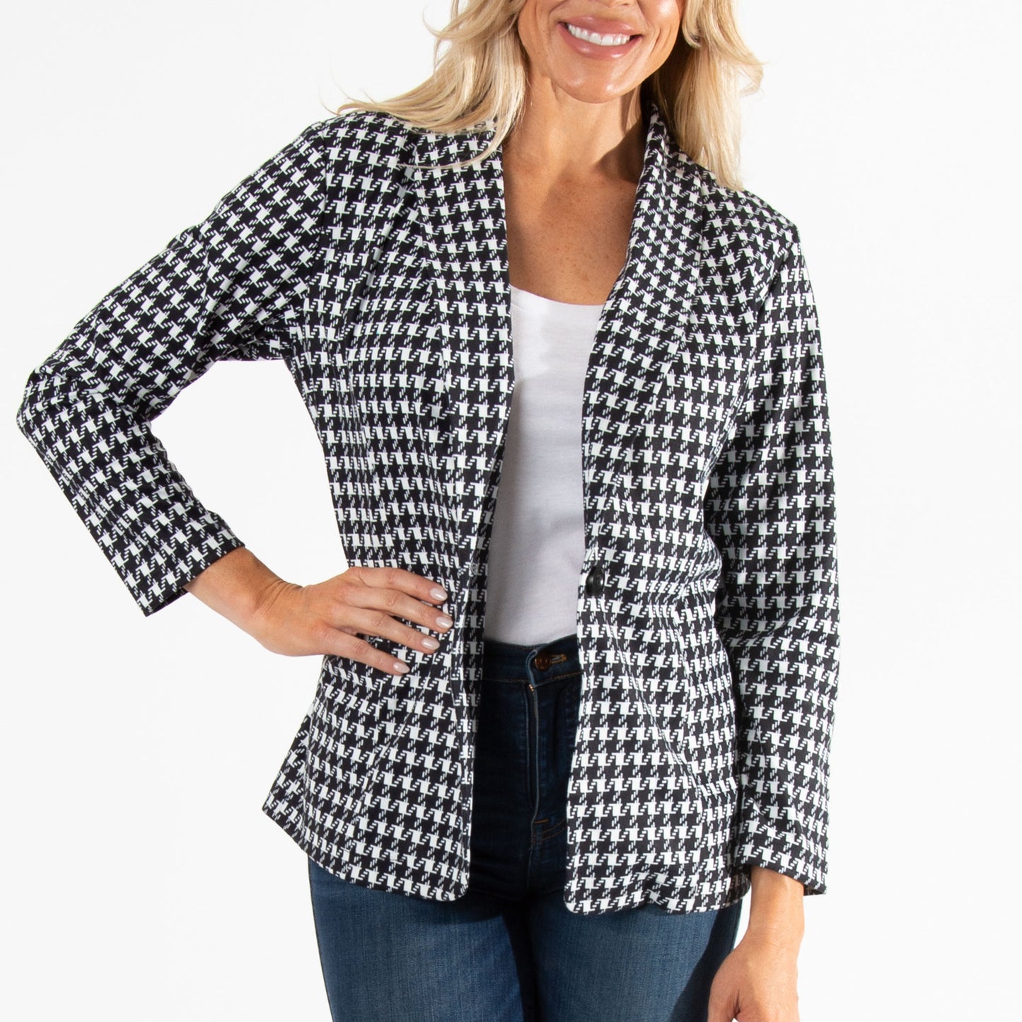 Nadia Long Sleeve Houndstooth Stretch Blazer