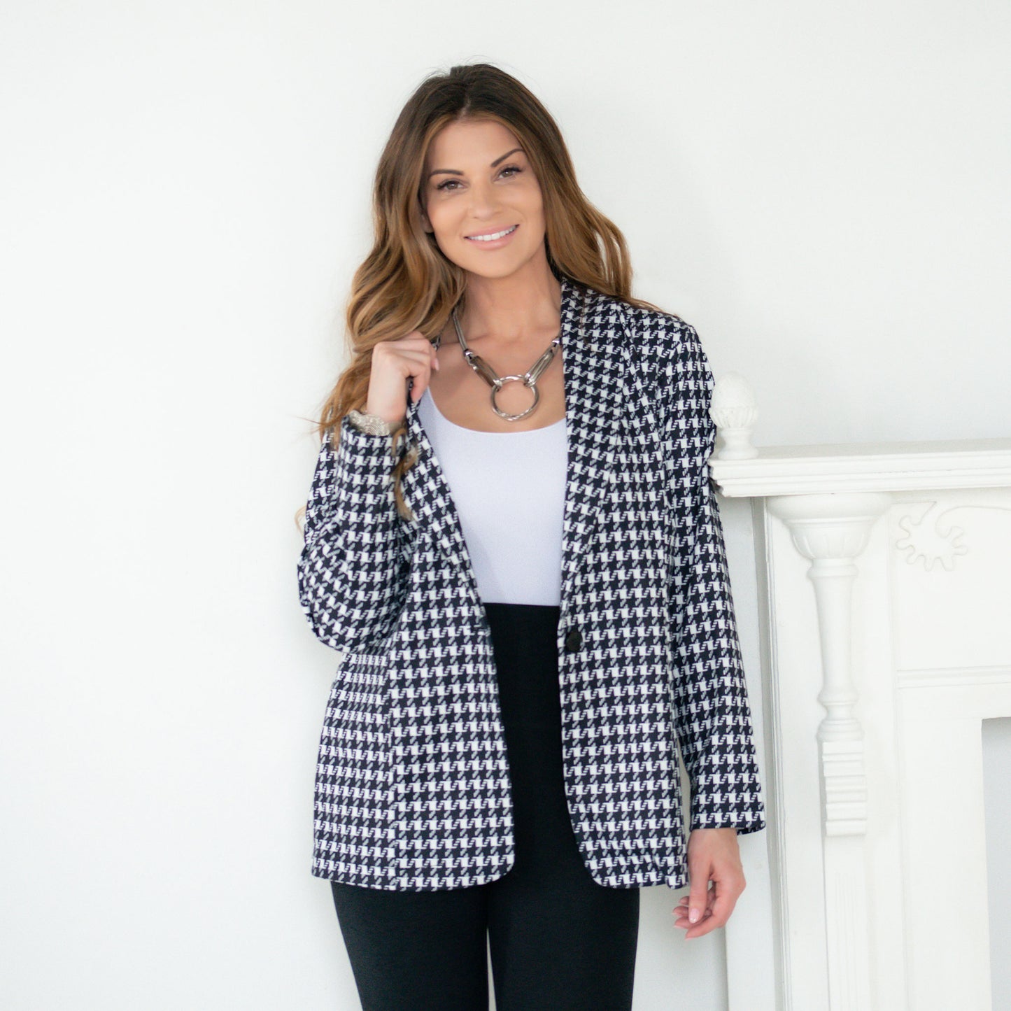 Nadia Long Sleeve Houndstooth Stretch Blazer