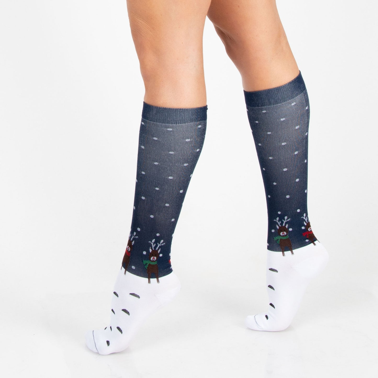 Holiday Snowy Reindeer Knee High 15-20mmHg Compression Socks