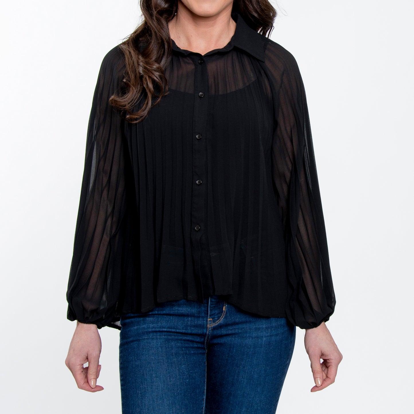 Essie Pleated Long Sleeve Button Up Collared Blouse