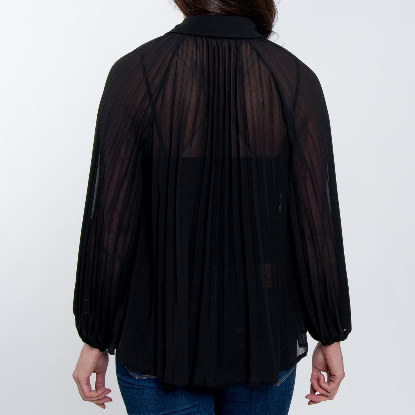 Essie Pleated Long Sleeve Button Up Collared Blouse