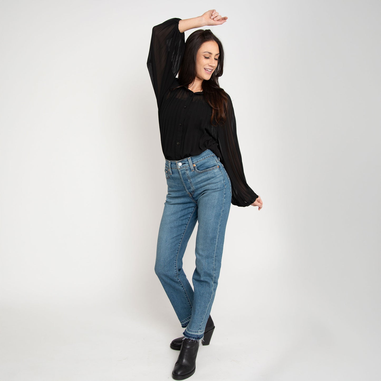 Essie Pleated Long Sleeve Button Up Collared Blouse