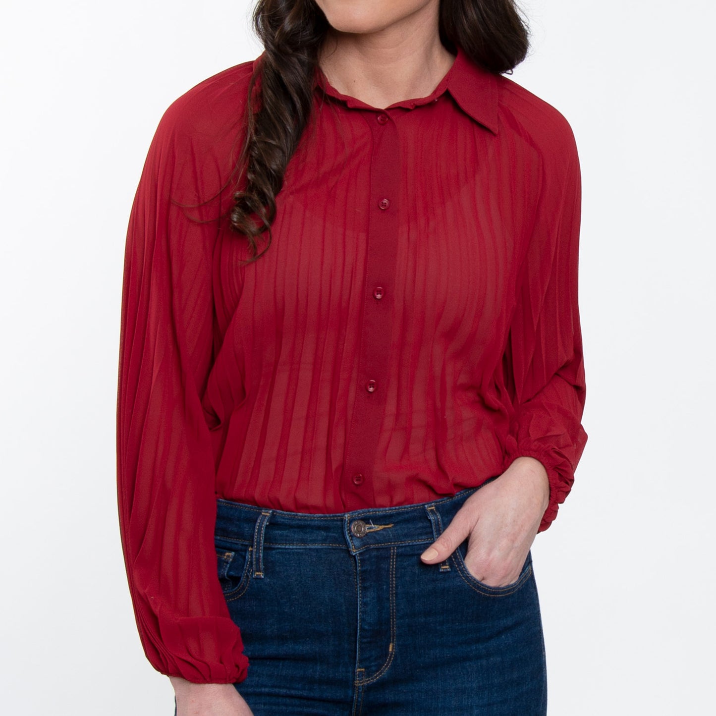 Essie Pleated Long Sleeve Button Up Collared Blouse