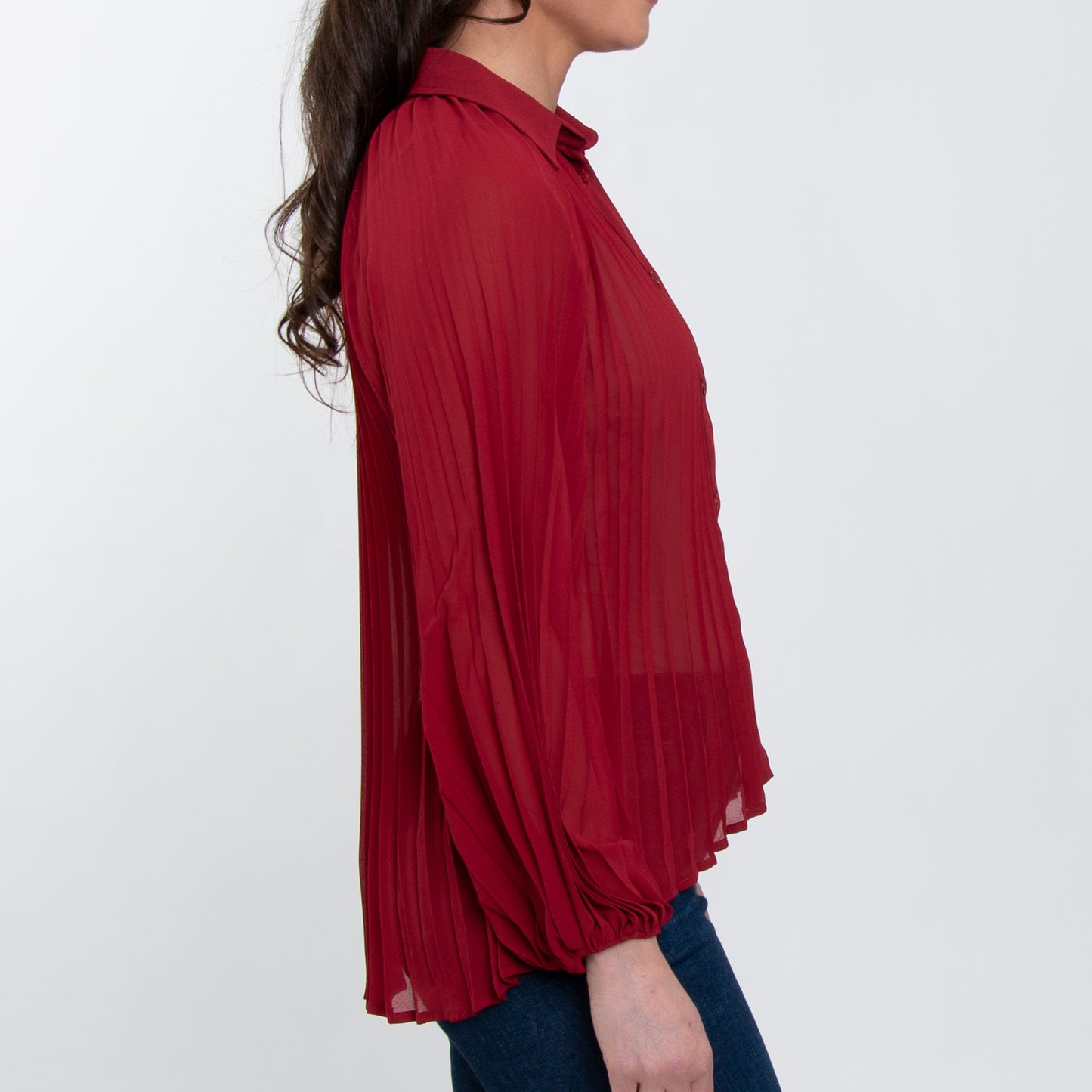 Essie Pleated Long Sleeve Button Up Collared Blouse