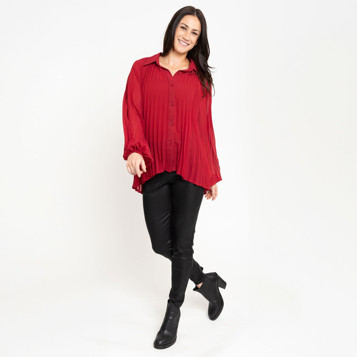 Essie Pleated Long Sleeve Button Up Collared Blouse