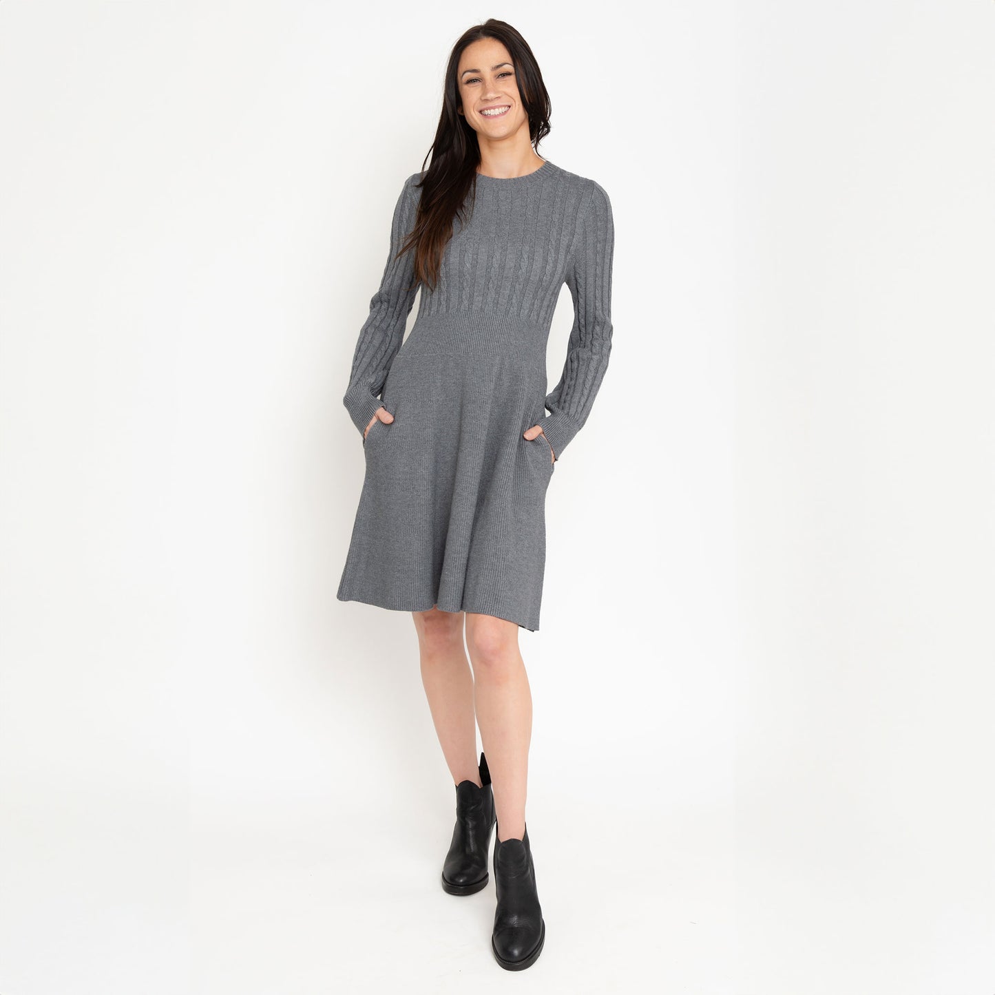 Sheena Crew Neck Cable Knit Long Sleeve Sweater Dress