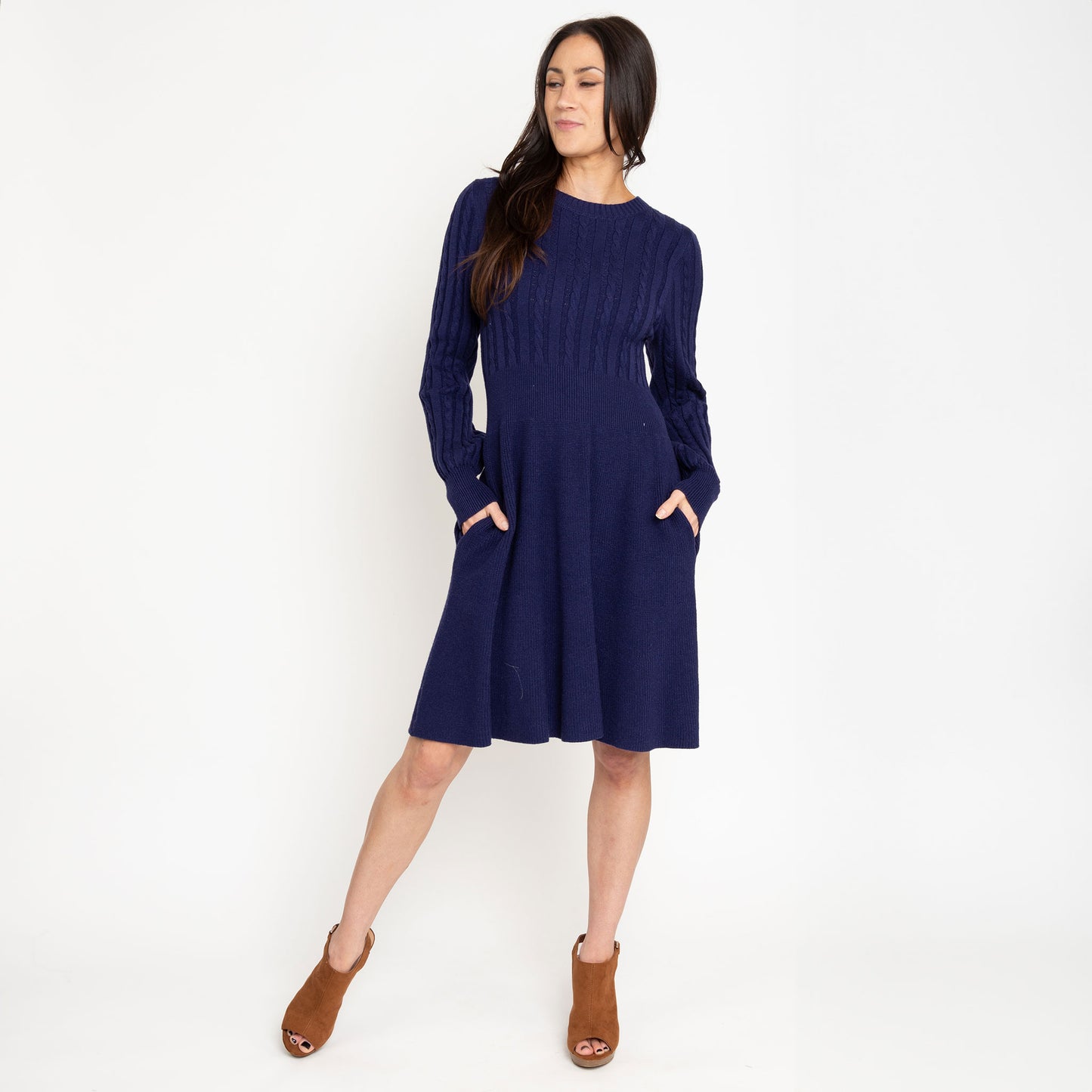 Sheena Crew Neck Cable Knit Long Sleeve Sweater Dress