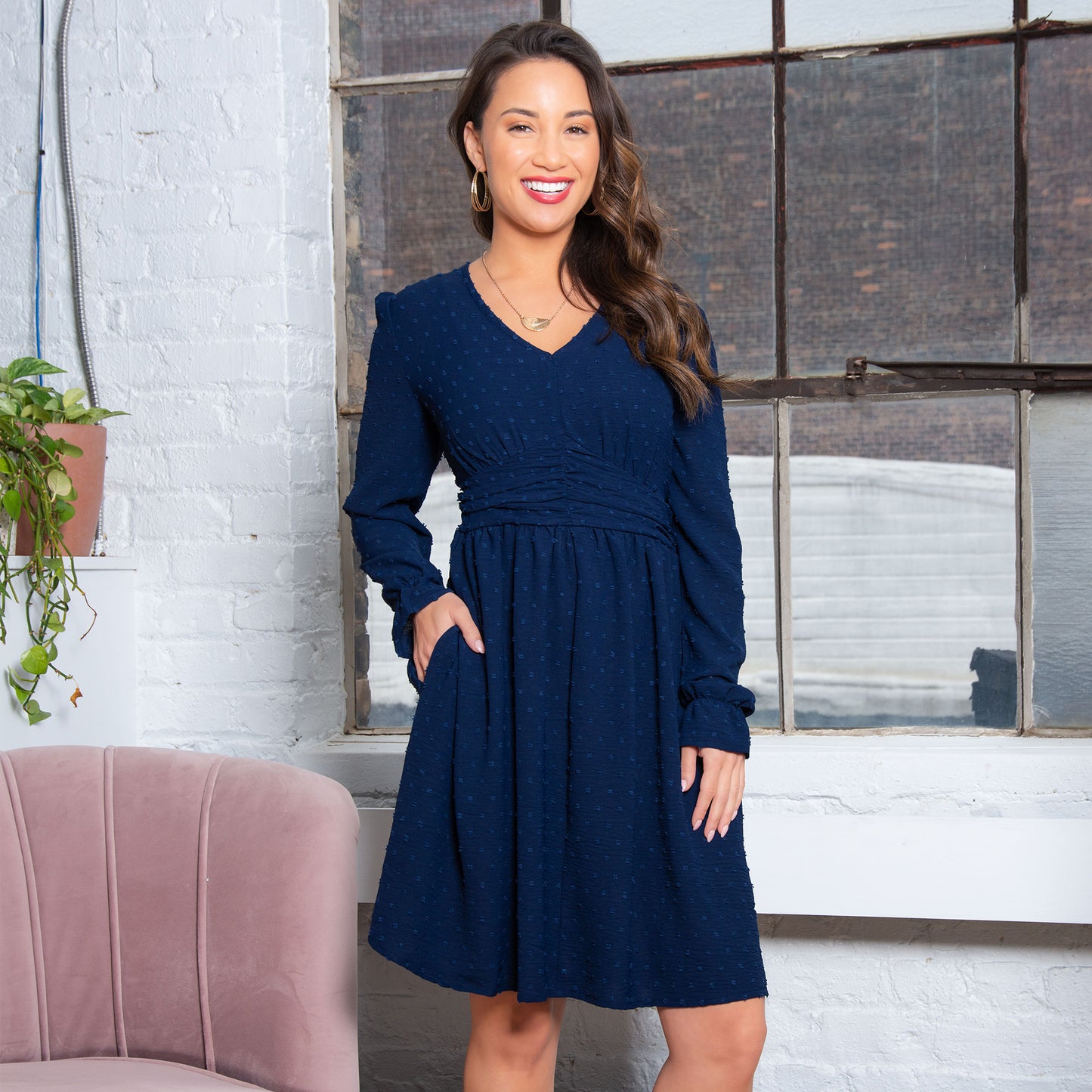 Hayden Swiss Dot Long Sleeve Ruched V-Neck Dress