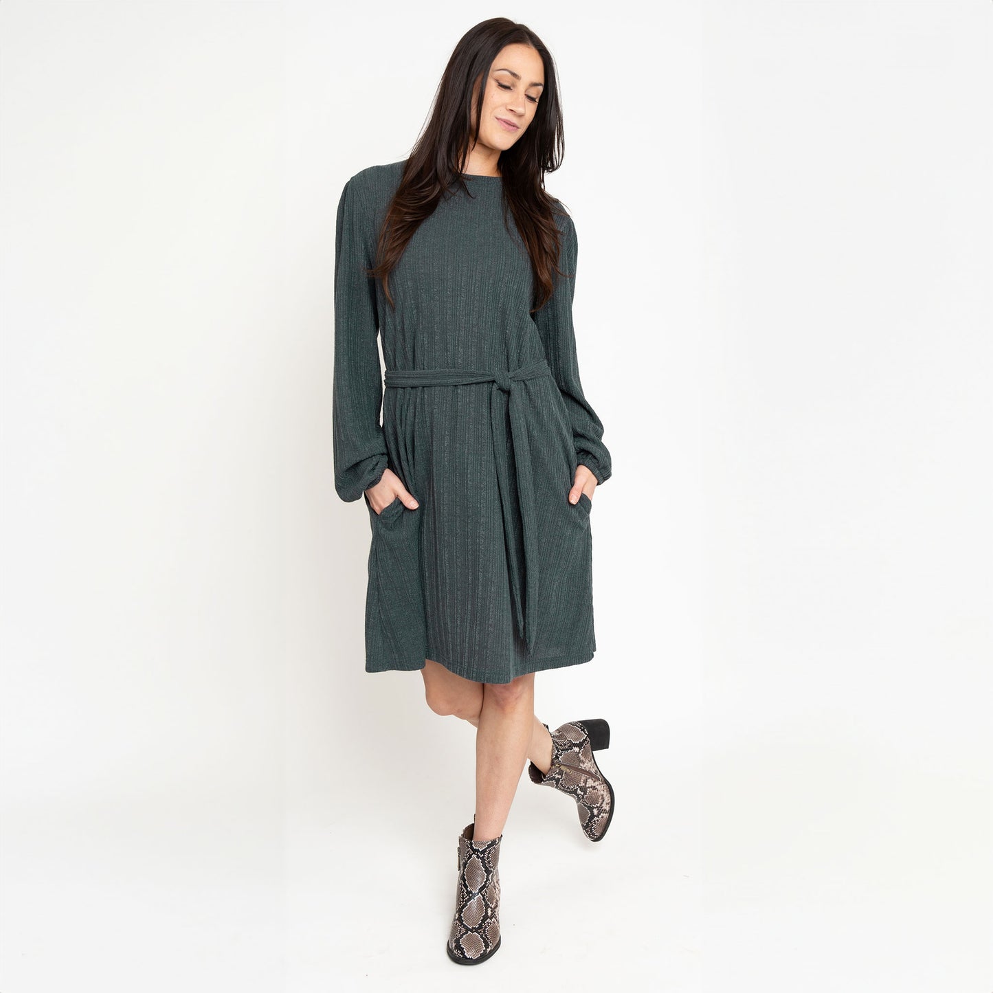 Kyle Smokey Teal Ribbed Knit Bishop Sleeve Belted Dress