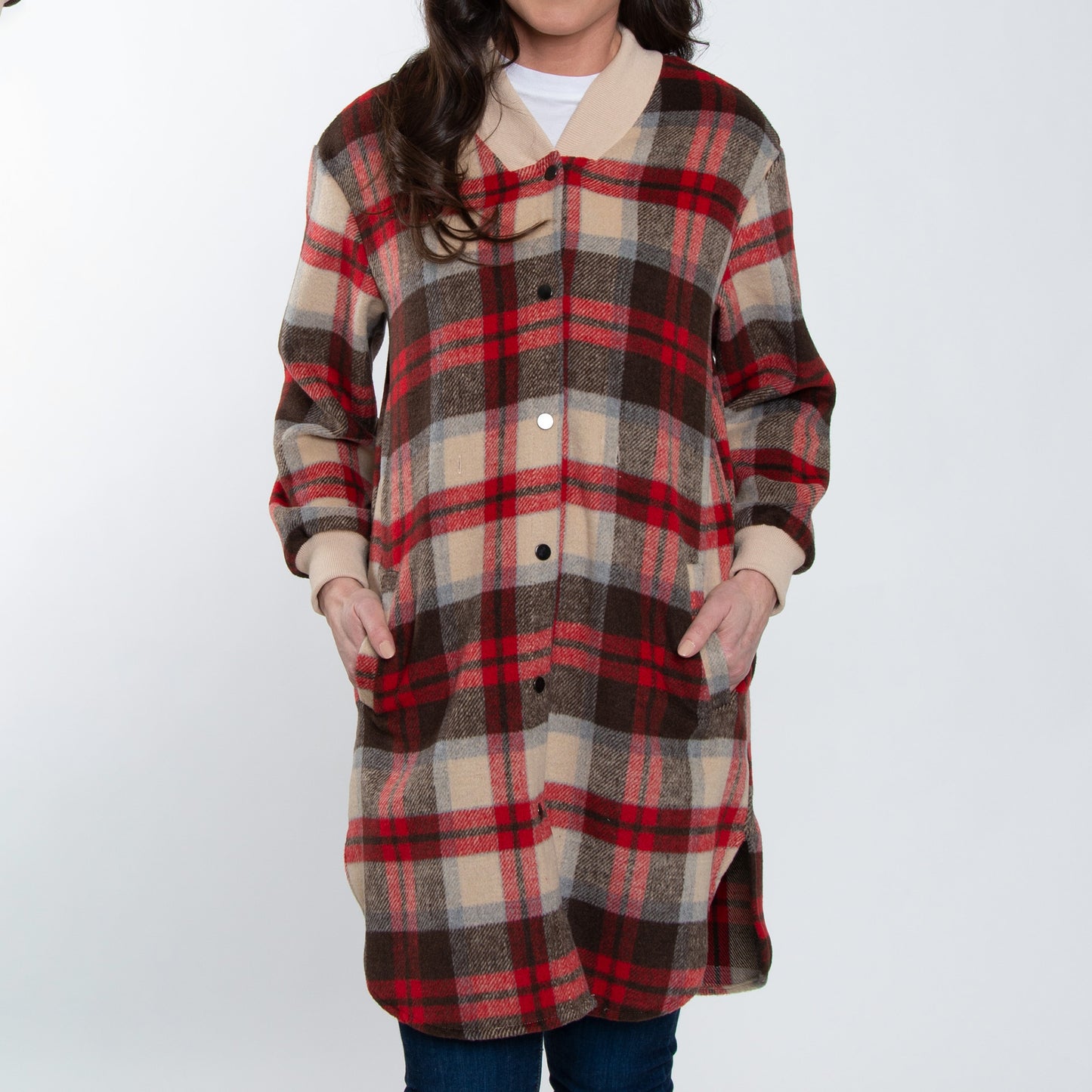 Arlo Long Sleeve Brushed Twill Button Up Long Plaid Shacket