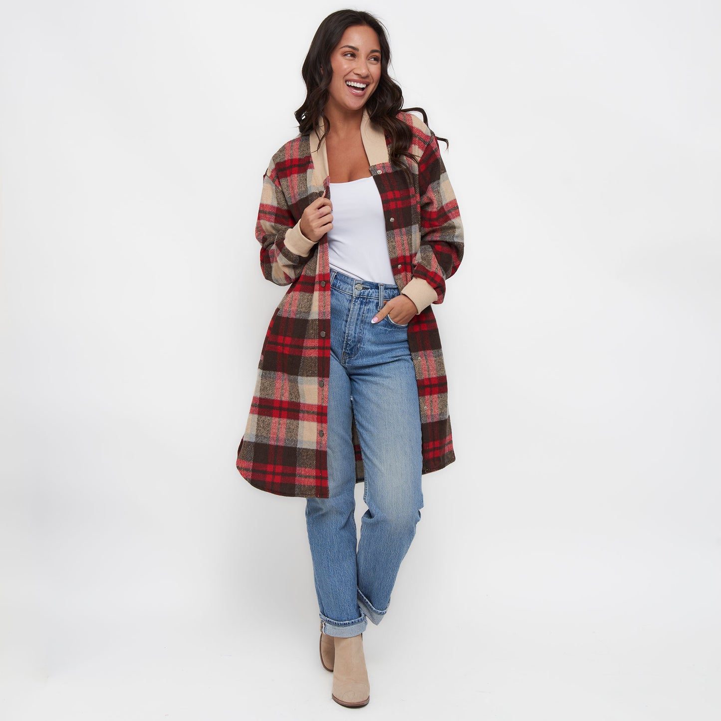 Arlo Long Sleeve Brushed Twill Button Up Long Plaid Shacket