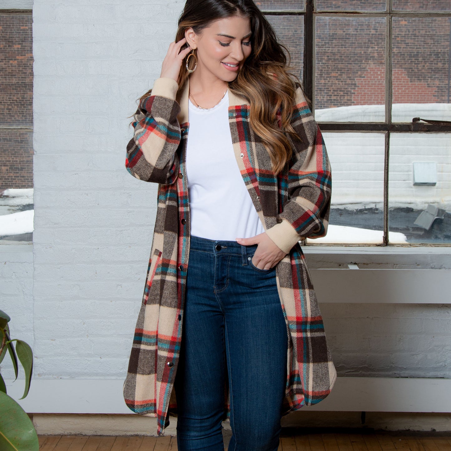 Arlo Long Sleeve Brushed Twill Button Up Long Plaid Shacket