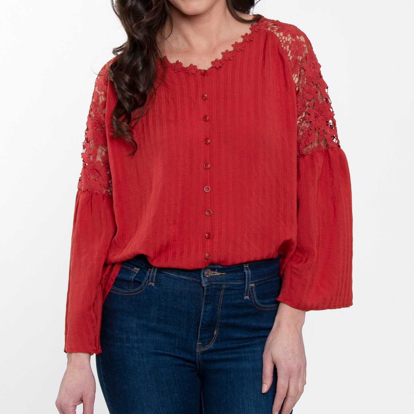 Mckenna Lace Back Long Sleeve V-Neck Blouse