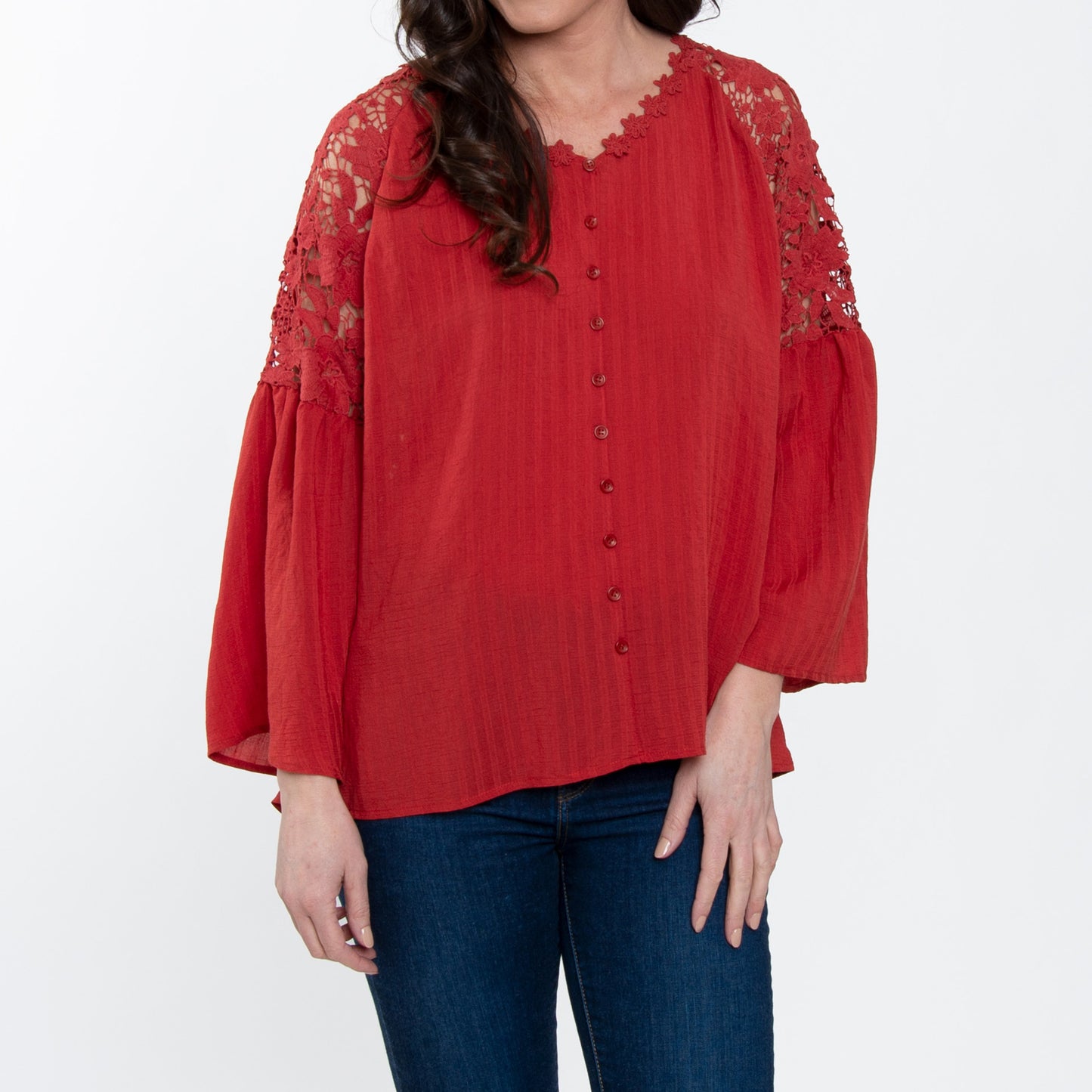 Mckenna Lace Back Long Sleeve V-Neck Blouse