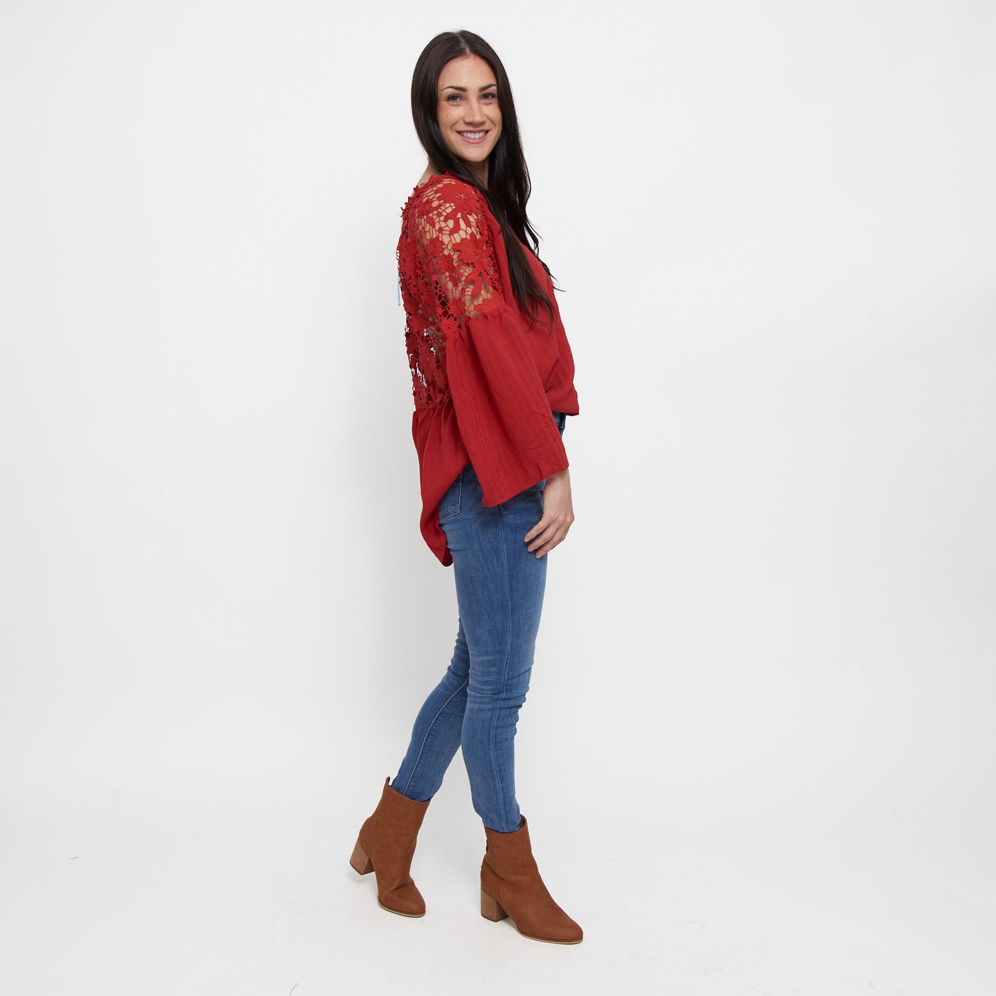 Mckenna Lace Back Long Sleeve V-Neck Blouse