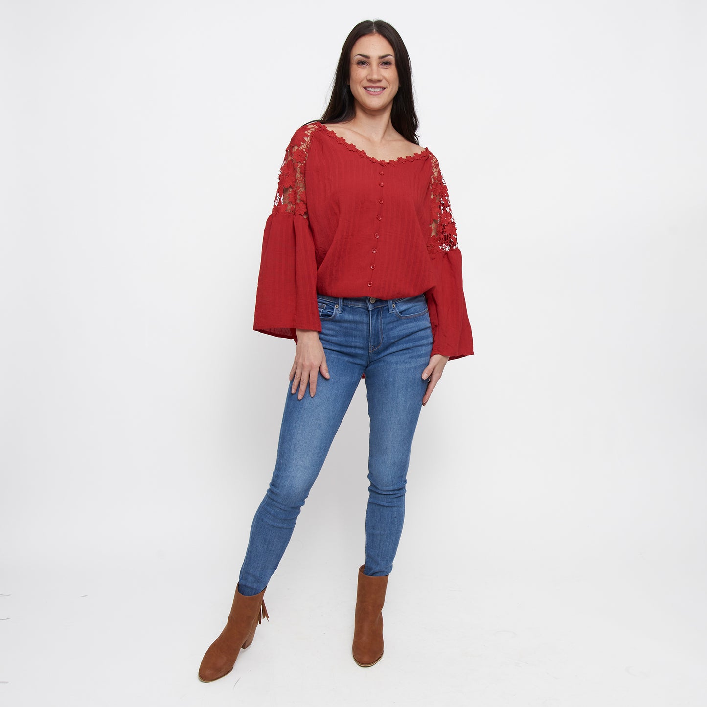 Mckenna Lace Back Long Sleeve V-Neck Blouse
