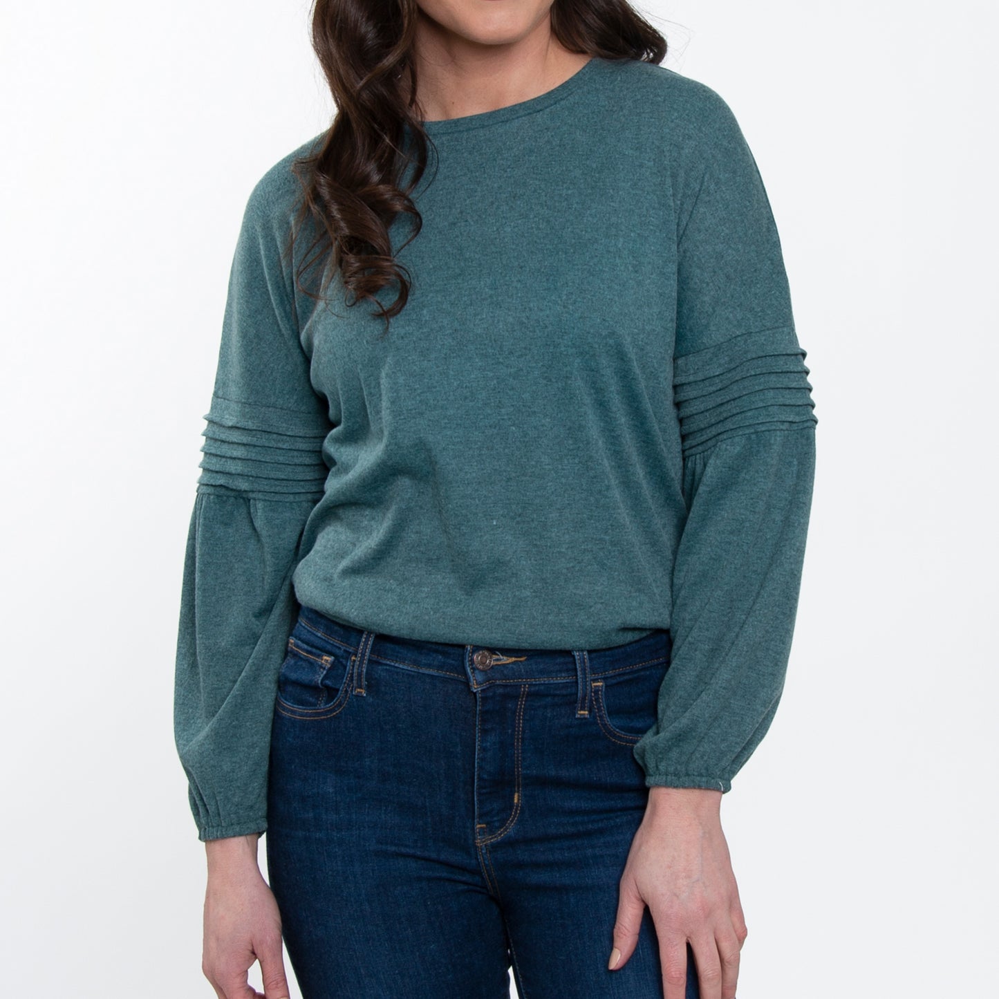 Carson Pleated Bishop Long Sleeve Crew Neck Sweater