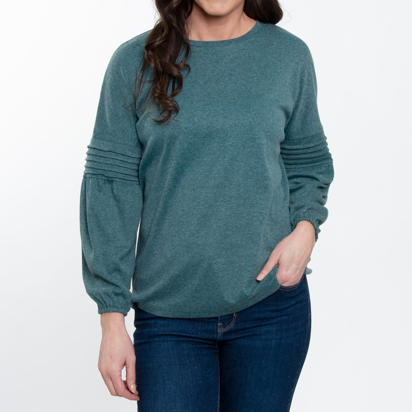 Carson Pleated Bishop Long Sleeve Crew Neck Sweater