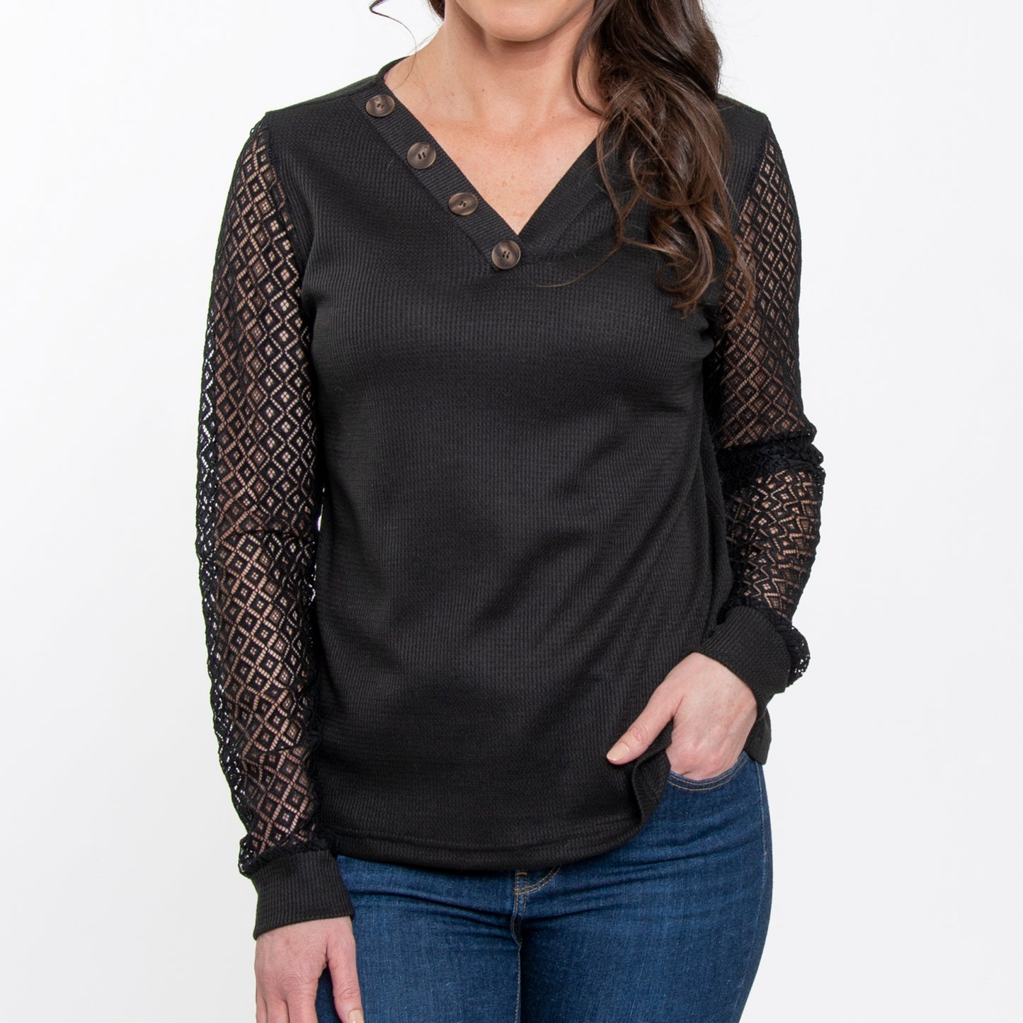 Dru Lace Long Sleeve Thermal V-Neck Sweater