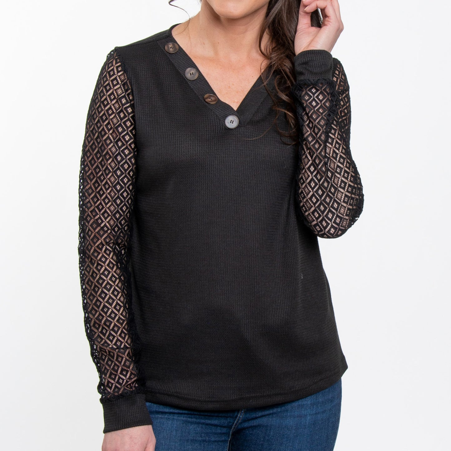 Dru Lace Long Sleeve Thermal V-Neck Sweater
