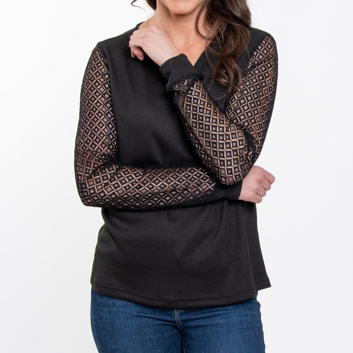 Dru Lace Long Sleeve Thermal V-Neck Sweater