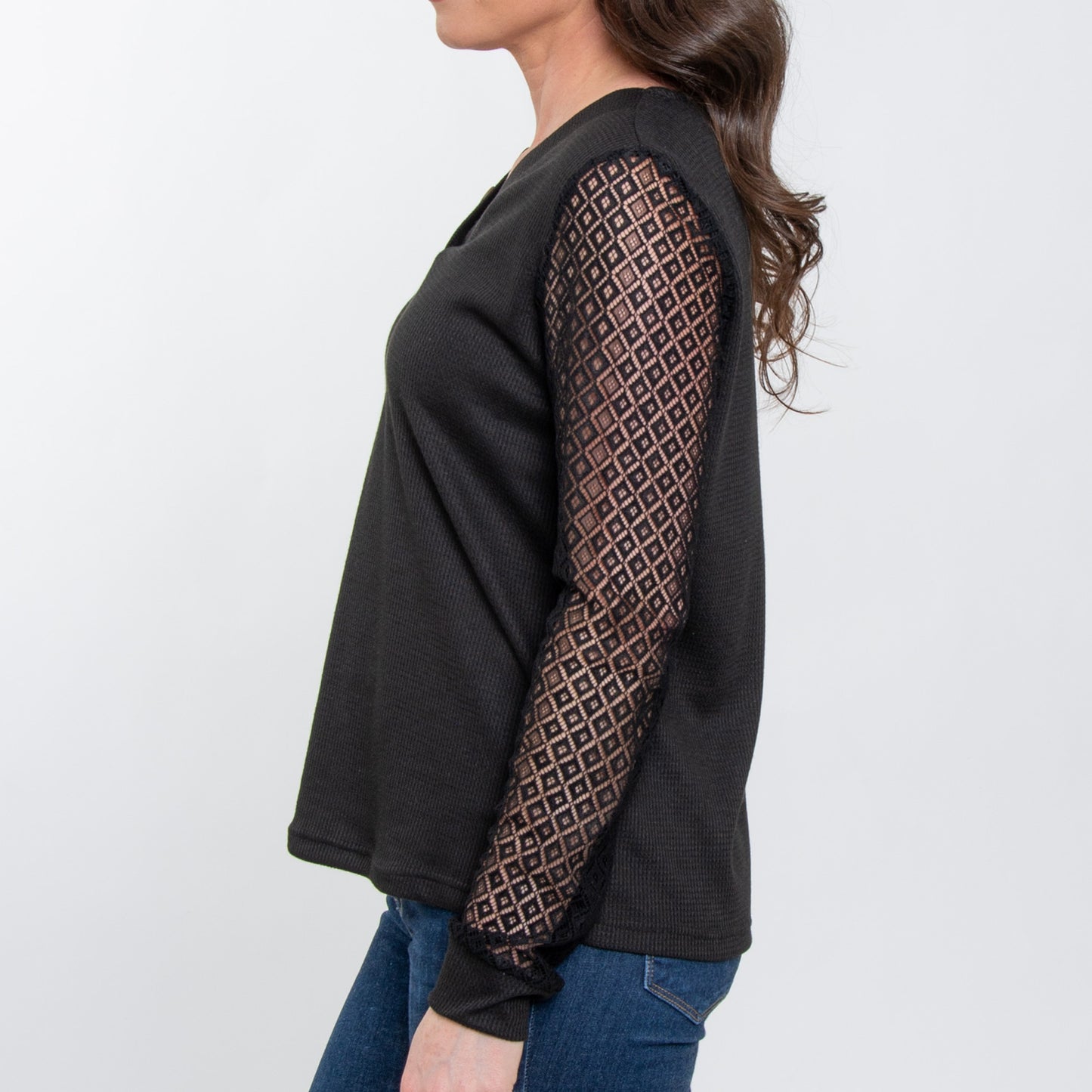 Dru Lace Long Sleeve Thermal V-Neck Sweater