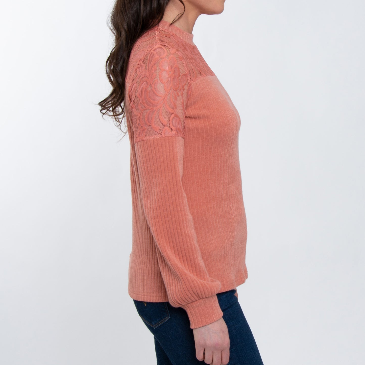 Jaylyn Ribbed Jersey Crew Neck Bishop Long Sleeve Top
