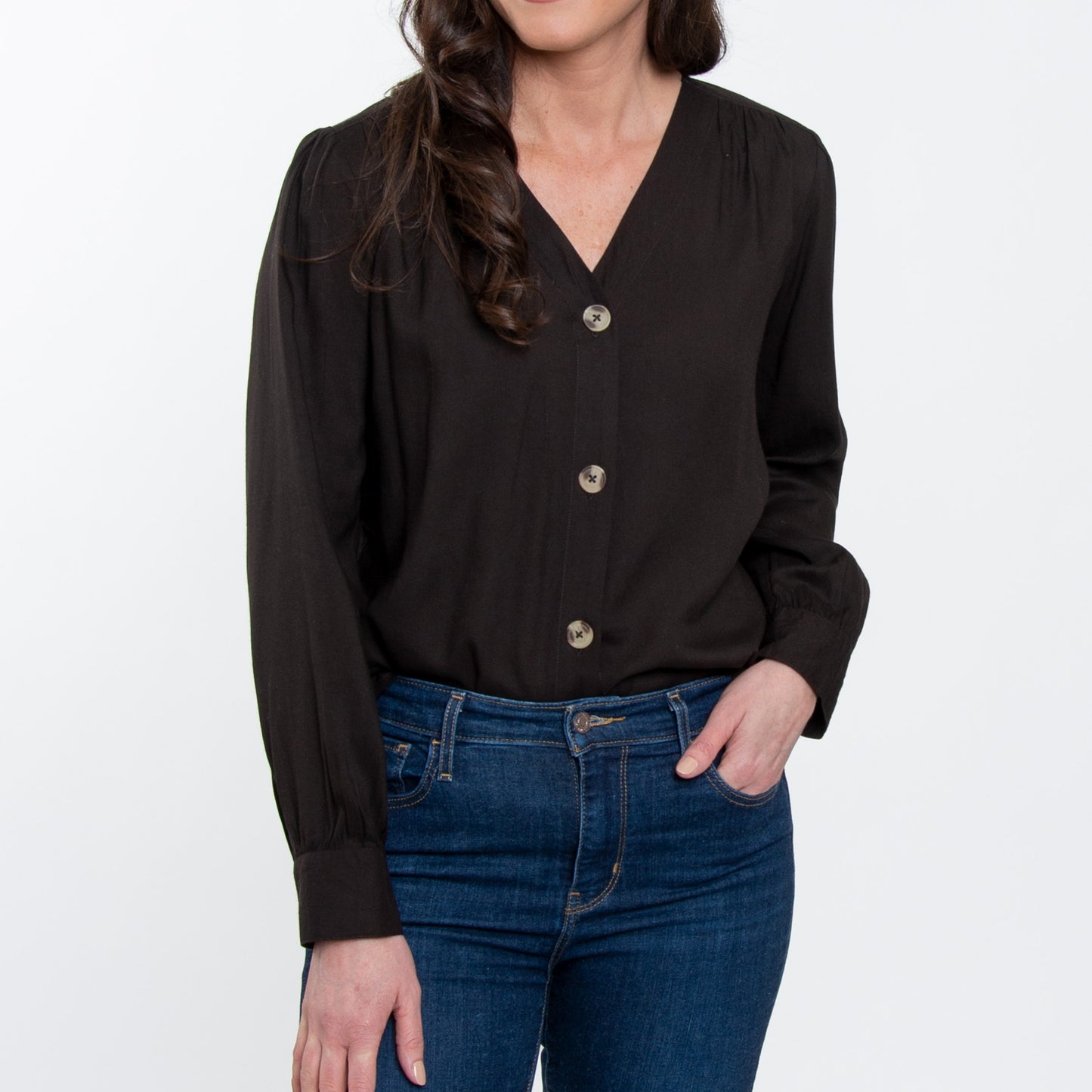 Izara Front Button Down Long Sleeve V-Neck Blouse
