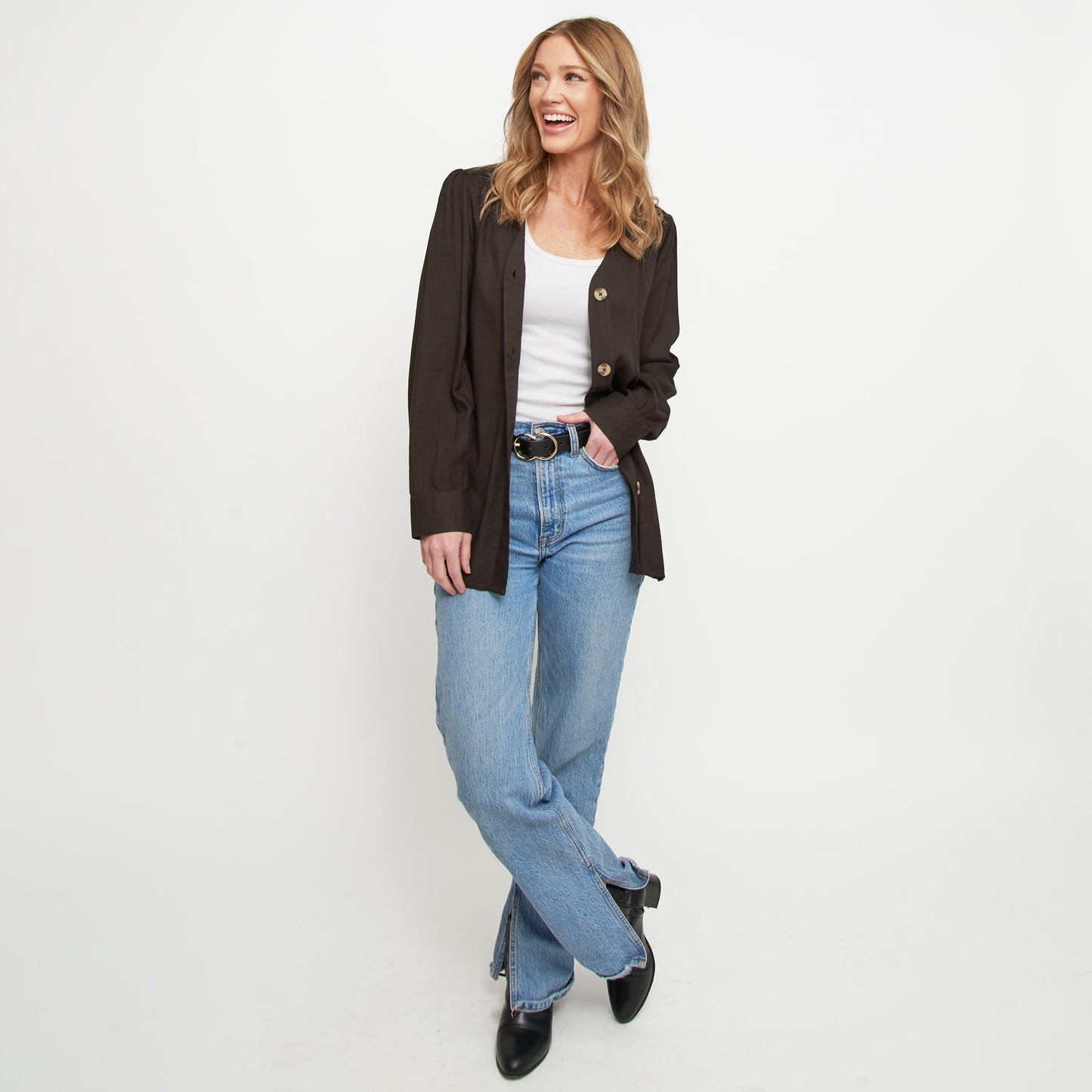Izara Front Button Down Long Sleeve V-Neck Blouse