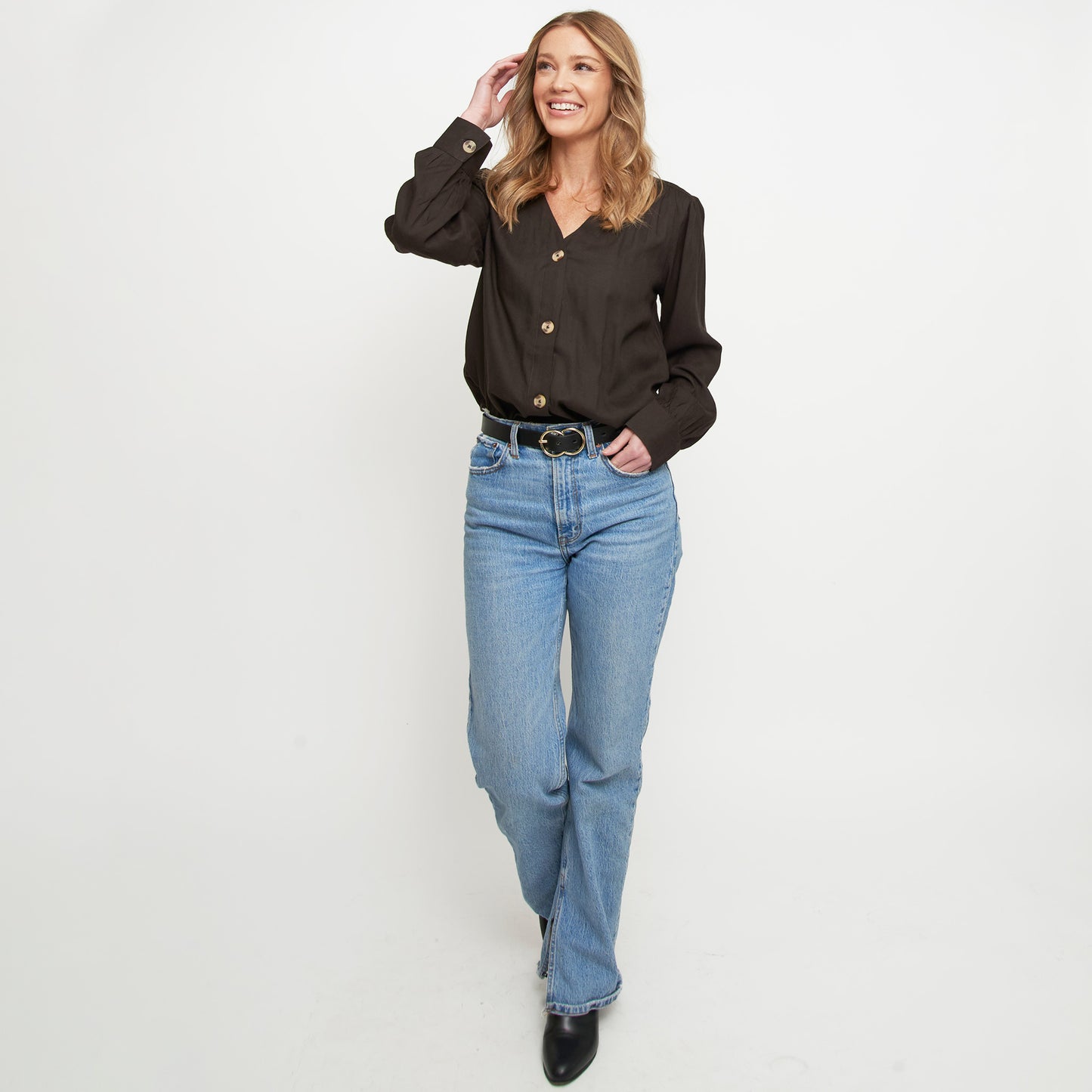 Izara Front Button Down Long Sleeve V-Neck Blouse