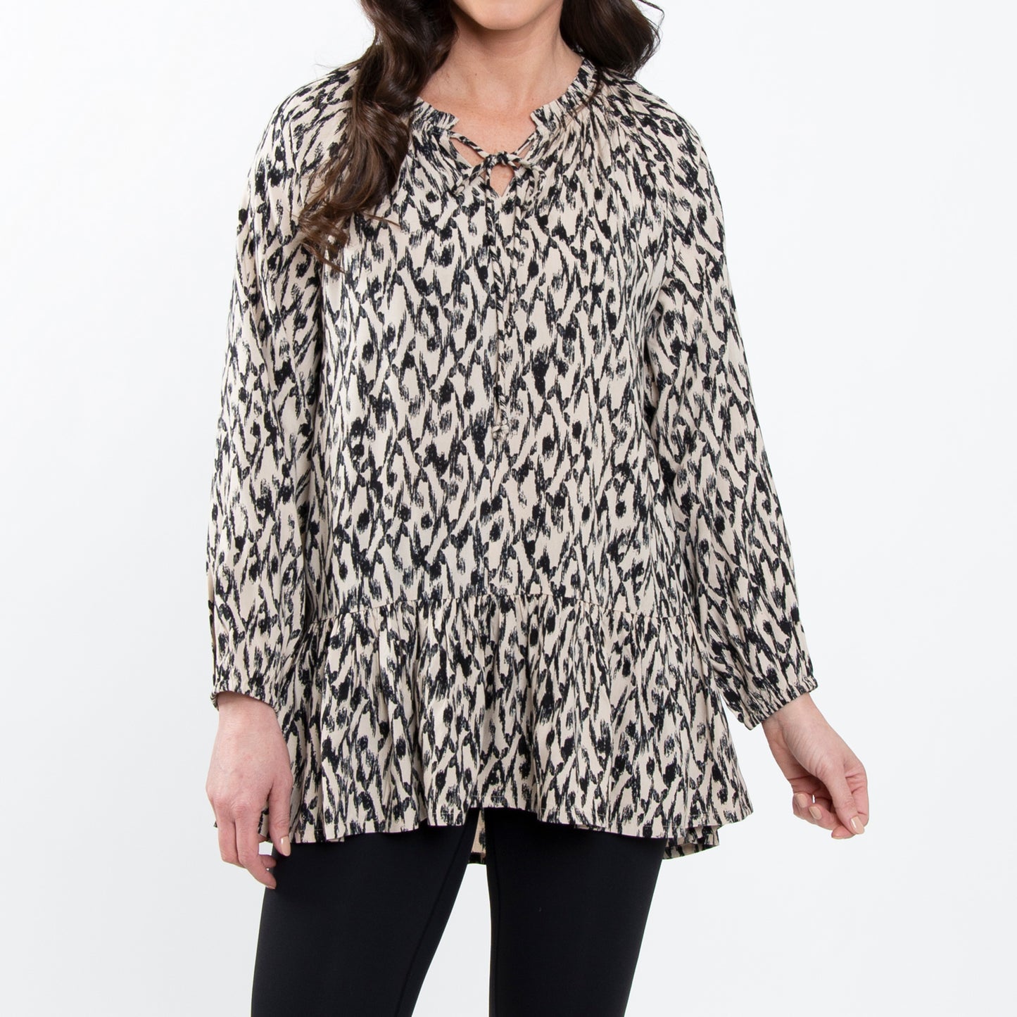 Hollis Ruffle Long Sleeve Ikat V-Neck Tie Blouse