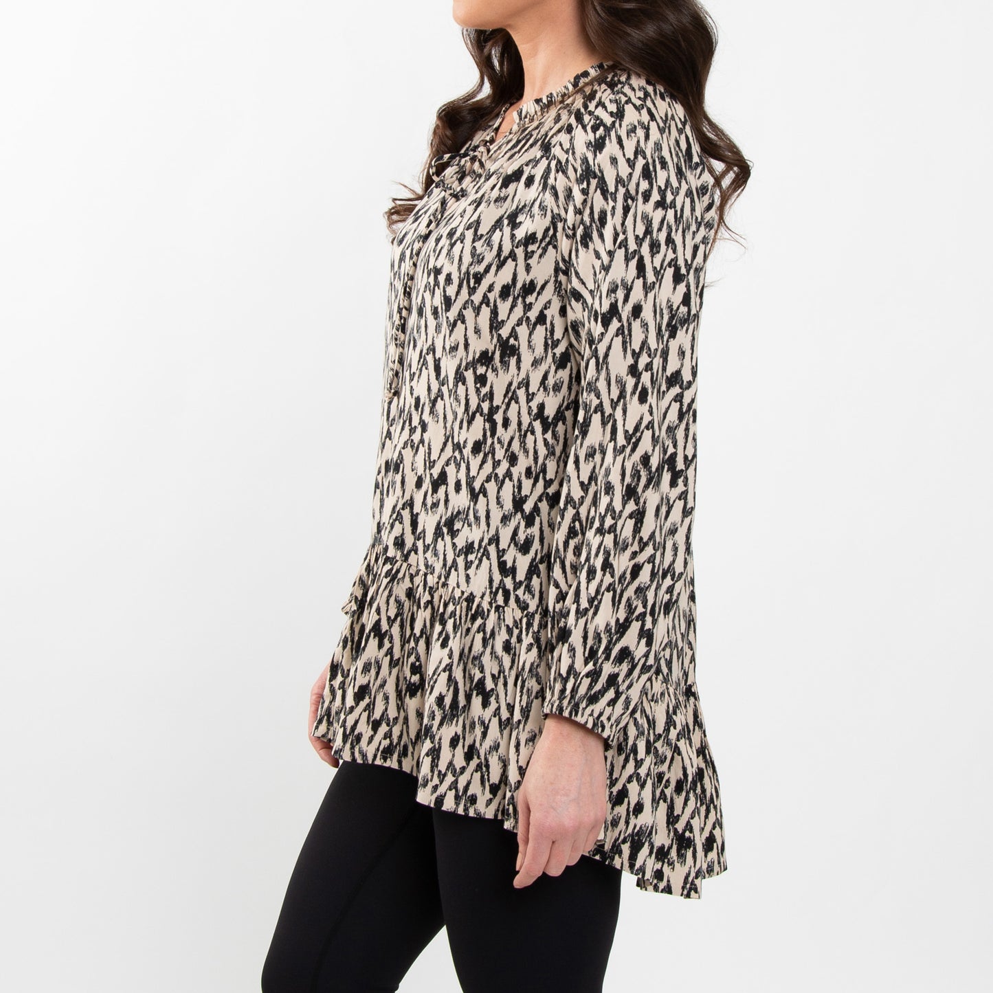 Hollis Ruffle Long Sleeve Ikat V-Neck Tie Blouse