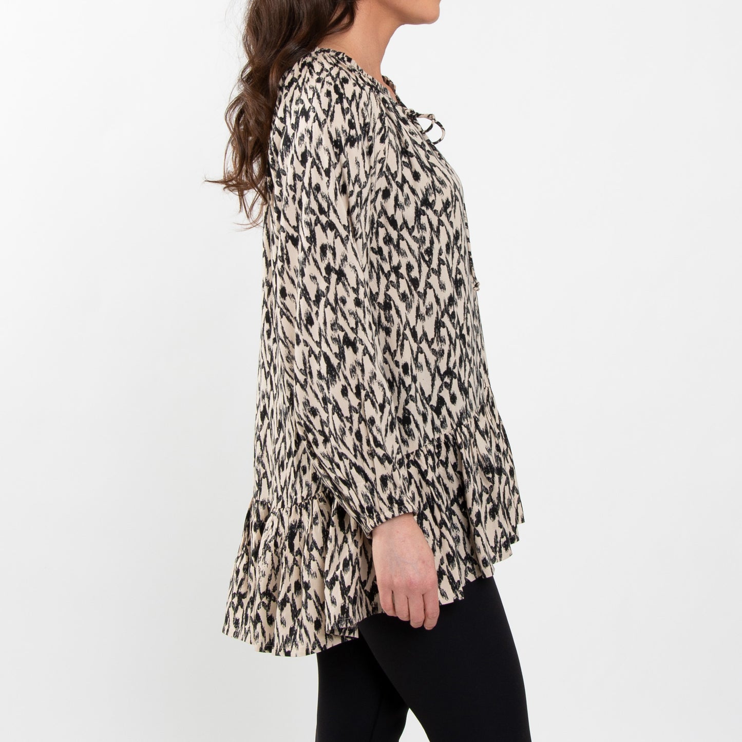 Hollis Ruffle Long Sleeve Ikat V-Neck Tie Blouse