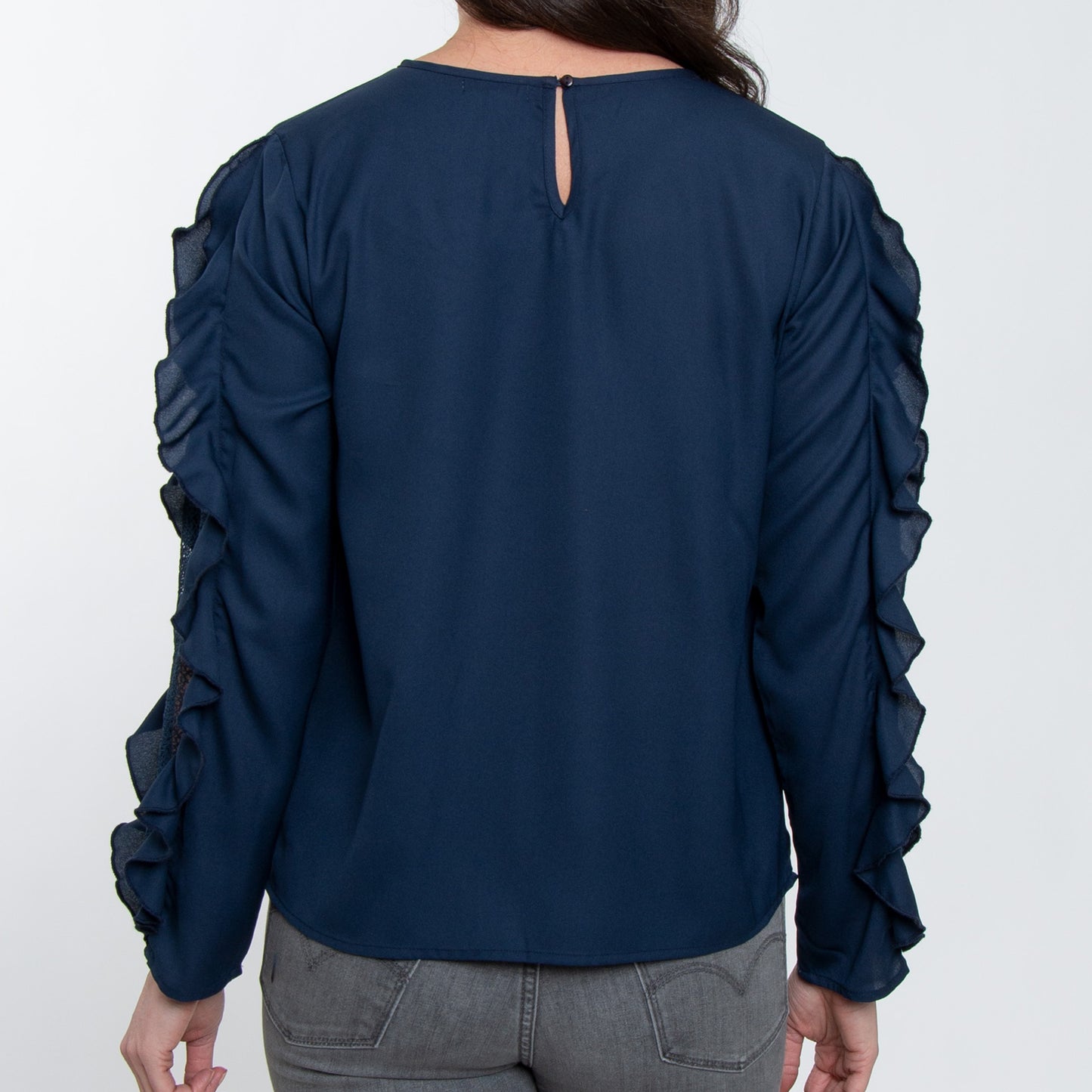 Beckett Deep Blue Ruffle Long Sleeve Crew Neck Blouse